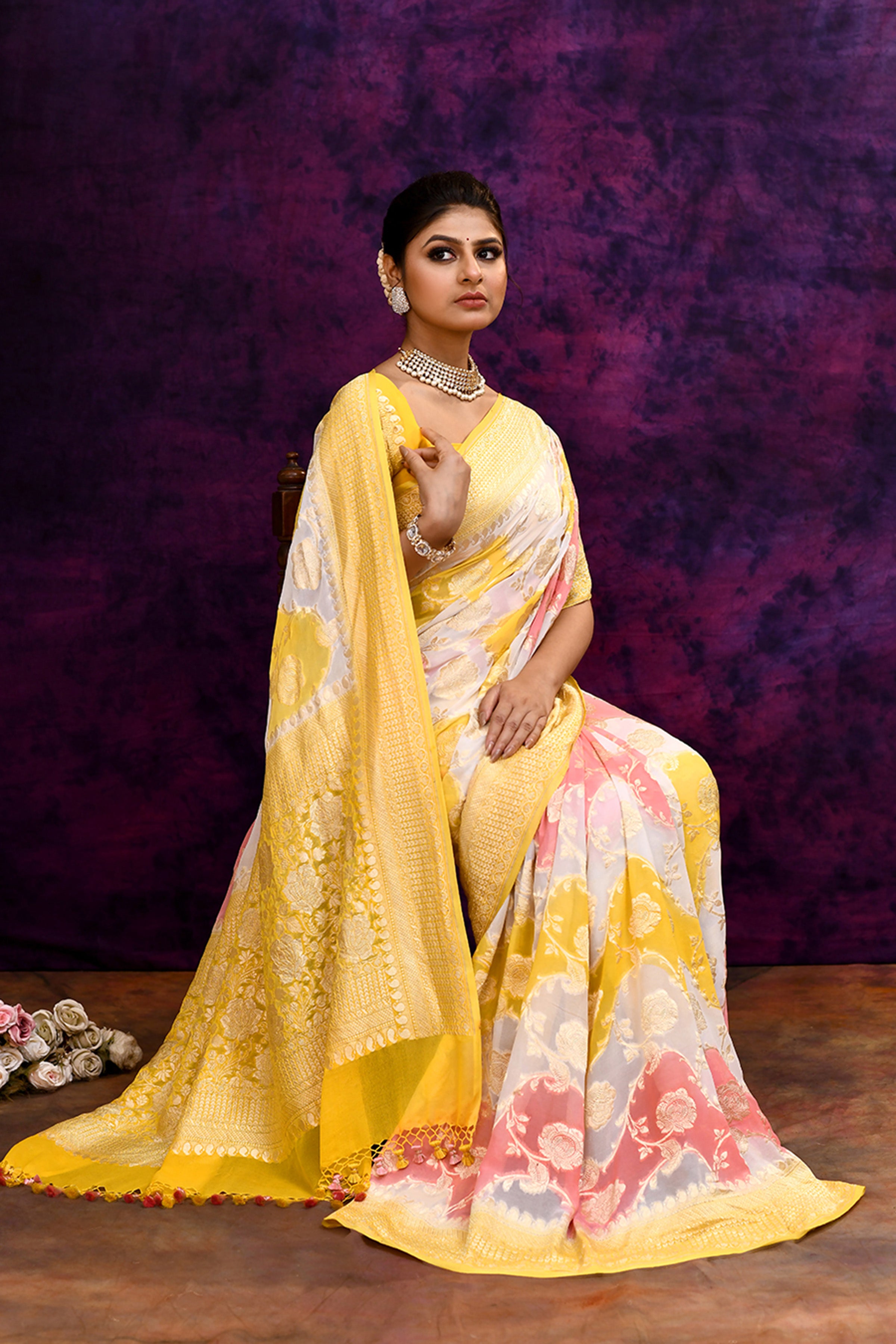 Pure handloom rangkaat khaddi georgette banarasi saree with multi color leheriya zari weaving