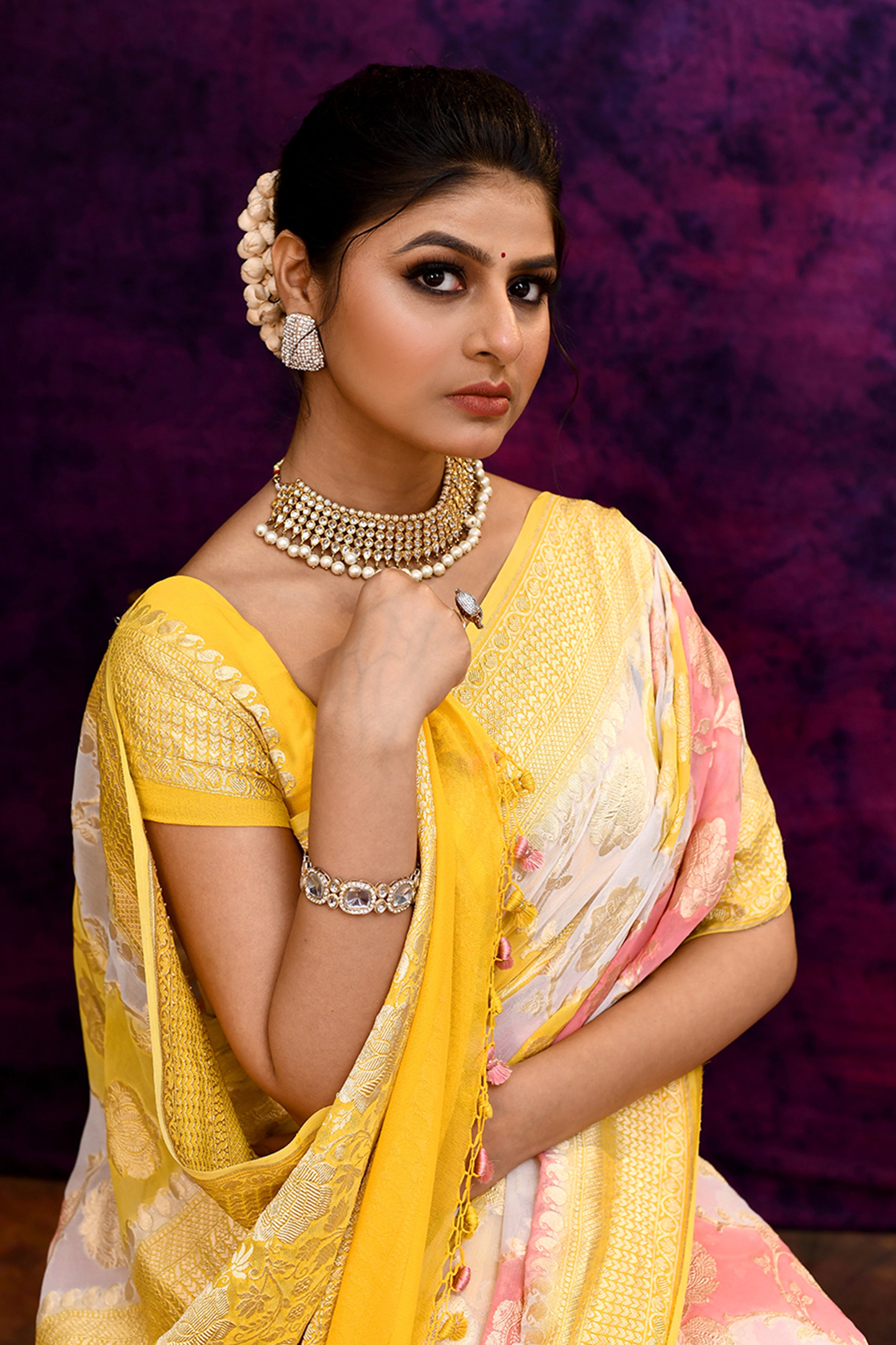 Pure handloom rangkaat khaddi georgette banarasi saree with multi color leheriya zari weaving