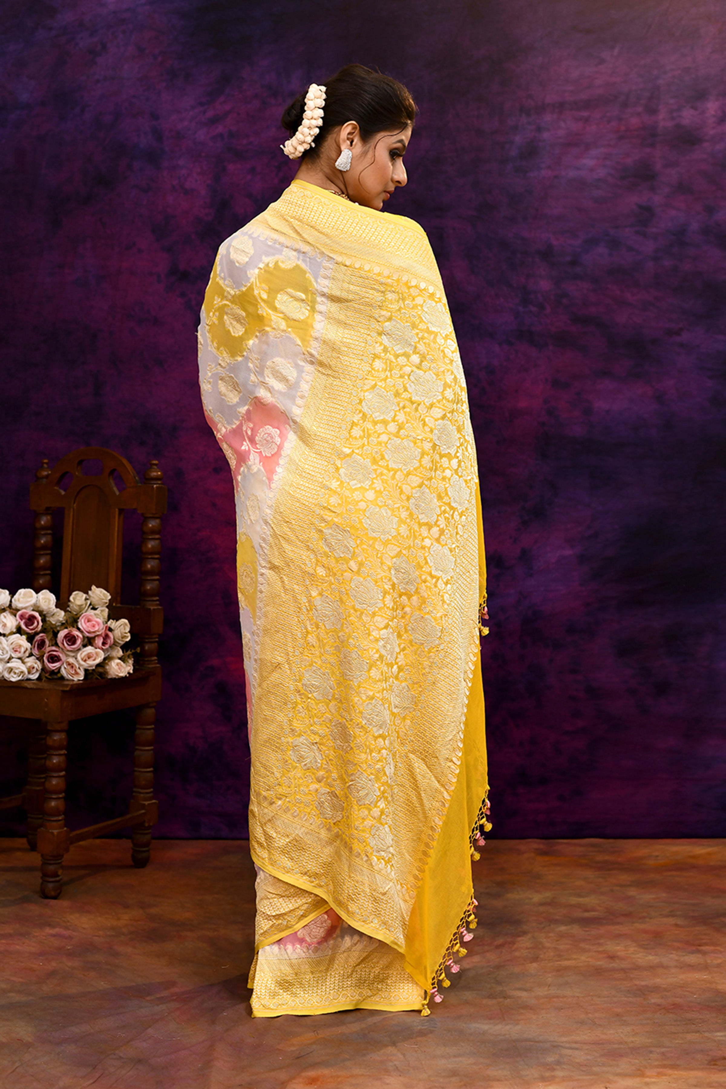 Pure handloom rangkaat khaddi georgette banarasi saree with multi color leheriya zari weaving