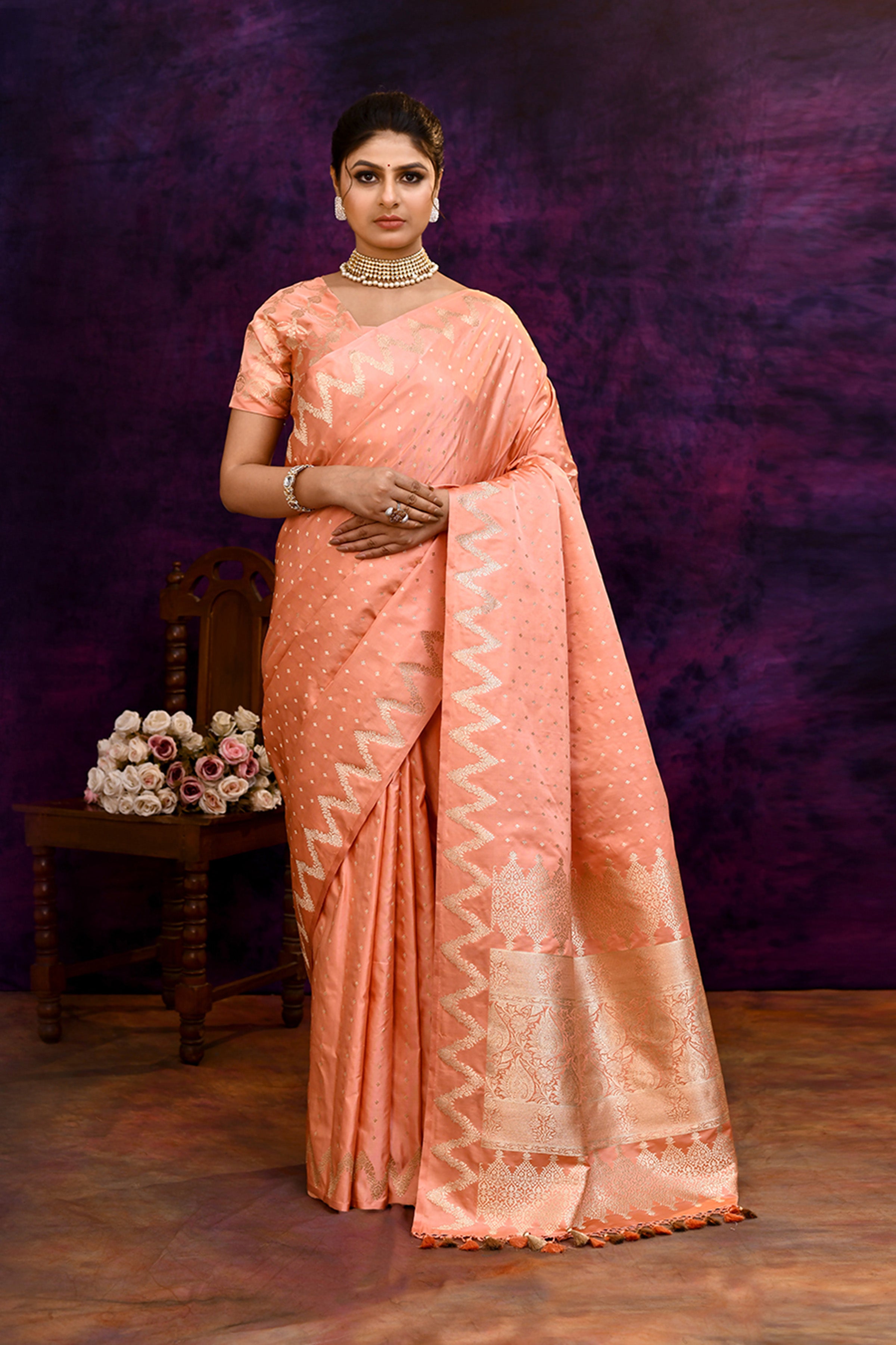 Pure Katan Silk Saree with Zari Buti & Woven Border – Peach