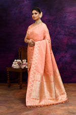 Pure Katan Silk Saree with Zari Buti & Woven Border – Peach