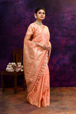 Pure Katan Silk Saree with Zari Buti & Woven Border – Peach