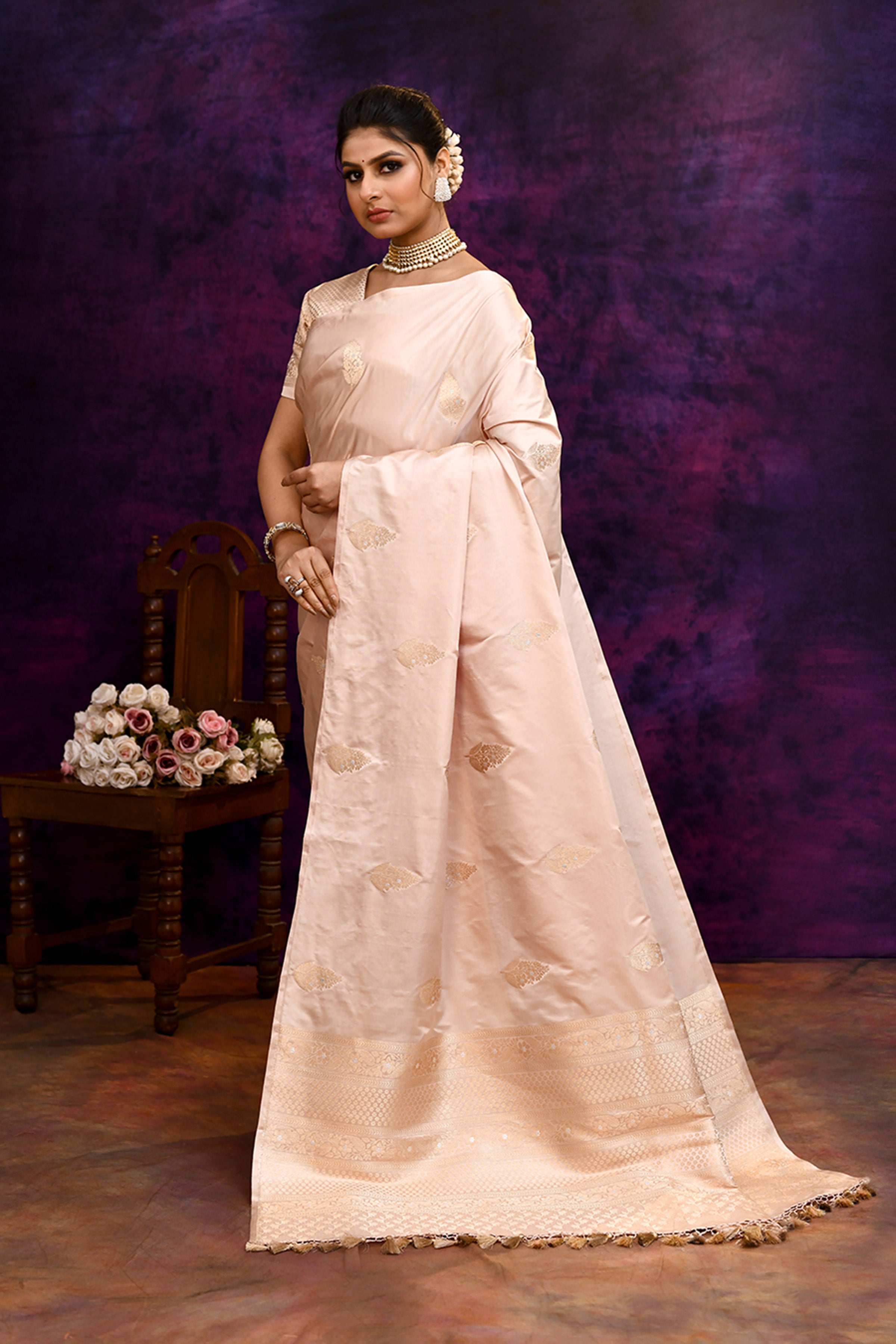 Pure Katan Silk Saree with Zari Buti & Woven Border – Baby Pink