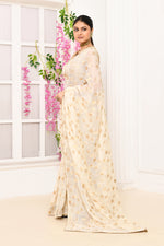 Jute Upada golden checker pattern saree-Off white