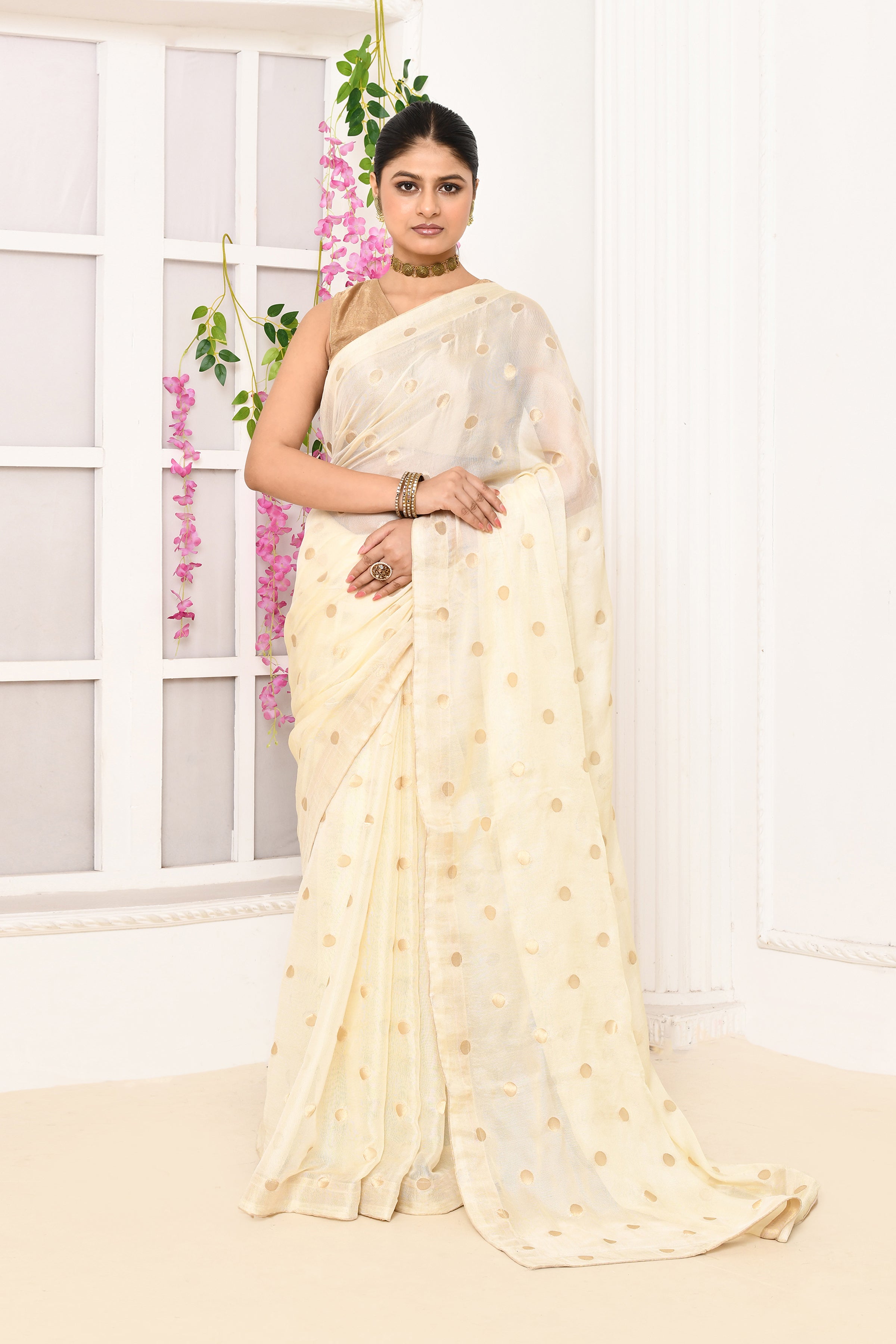 Chiffon shimmer saree with golden polka dots-Off white