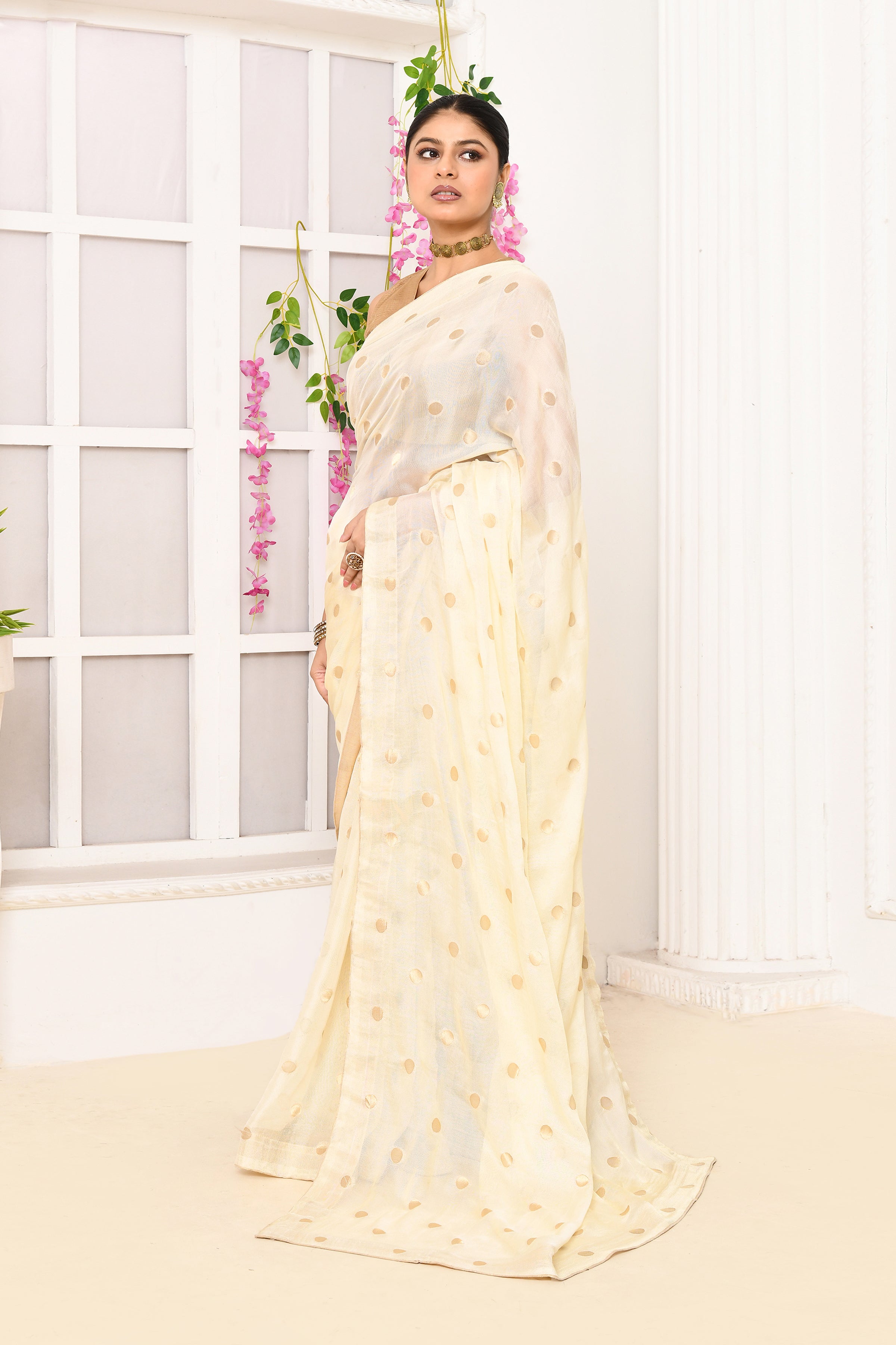 Chiffon shimmer saree with golden polka dots-Off white