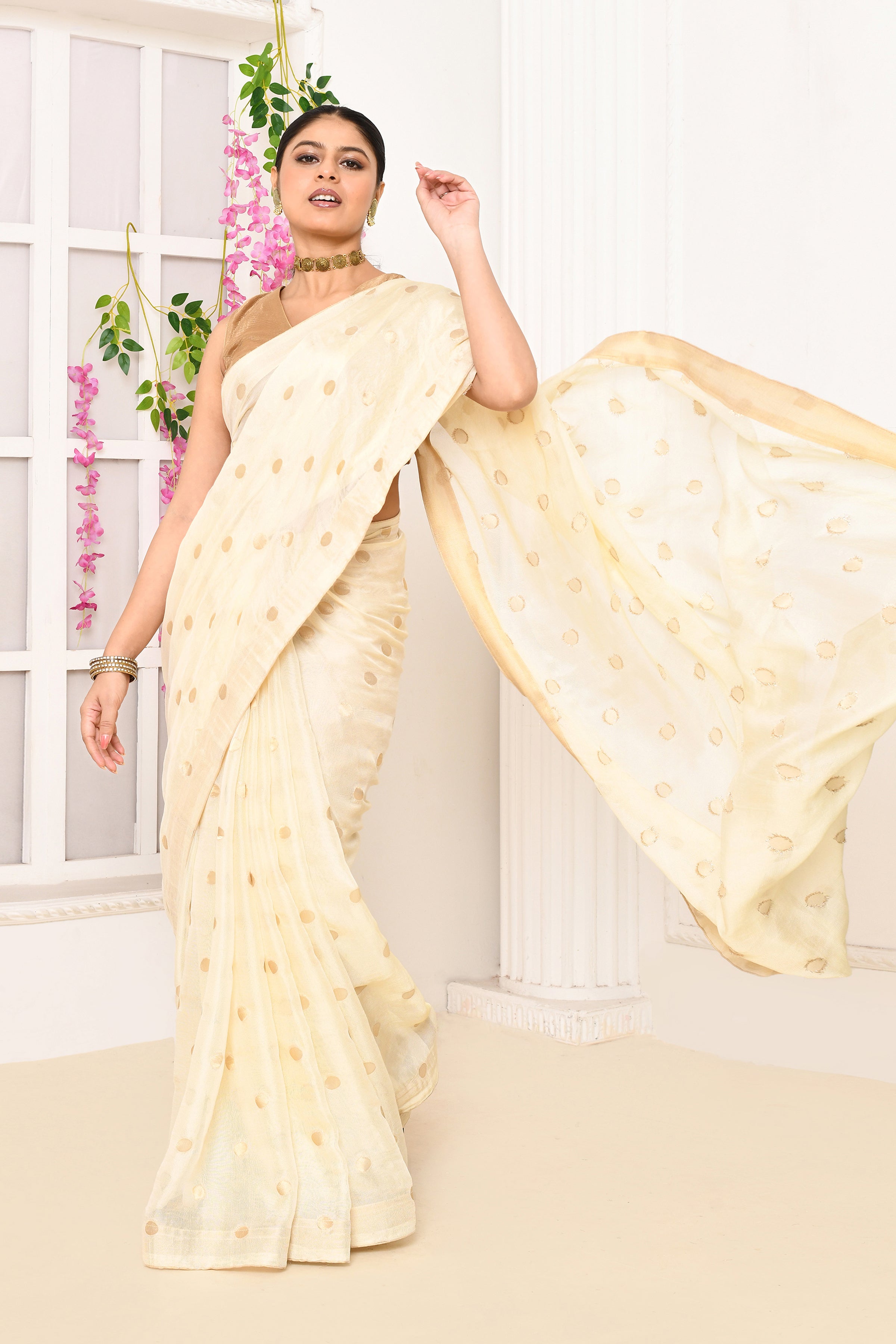 Chiffon shimmer saree with golden polka dots-Off white