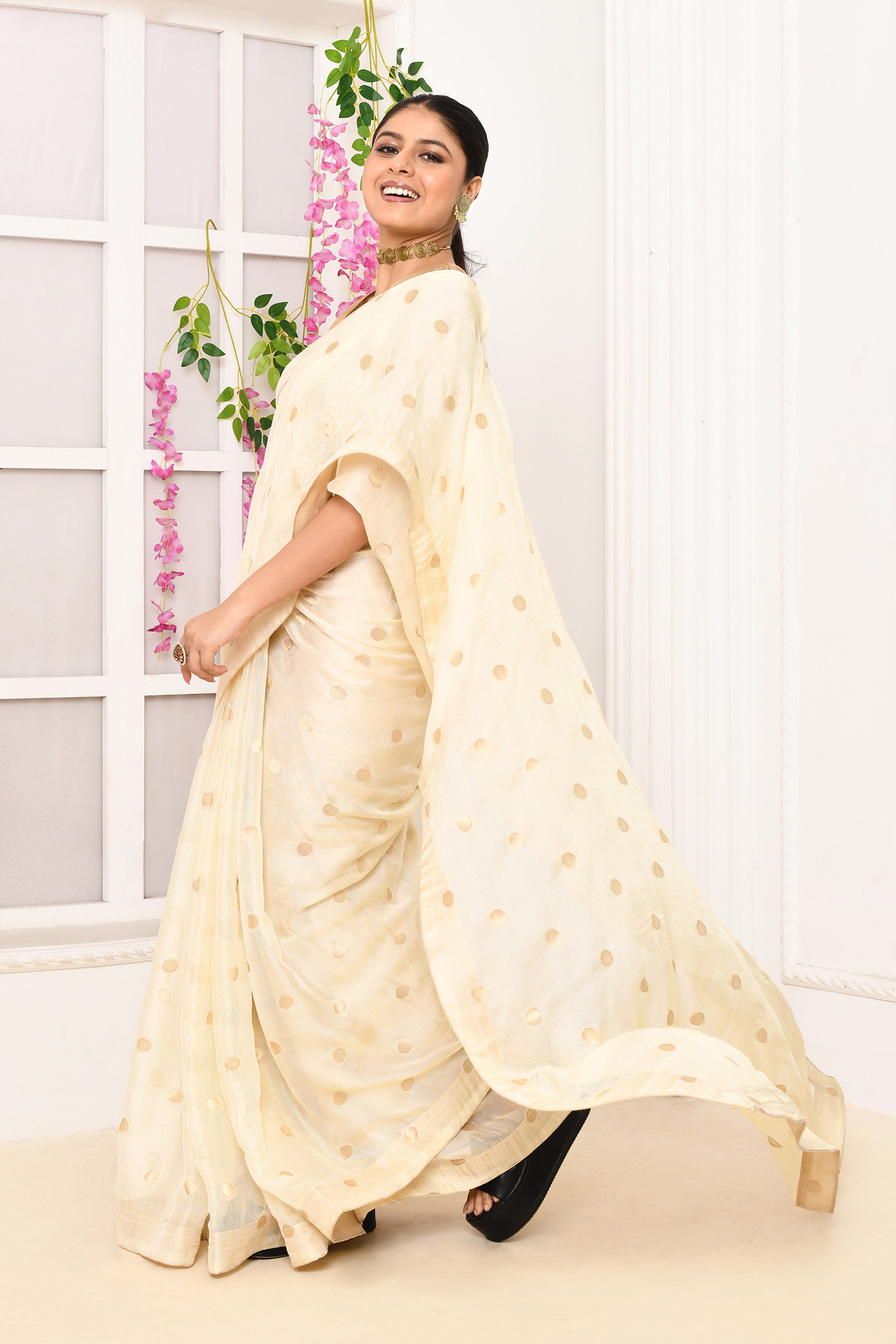 Chiffon shimmer saree with golden polka dots-Off white