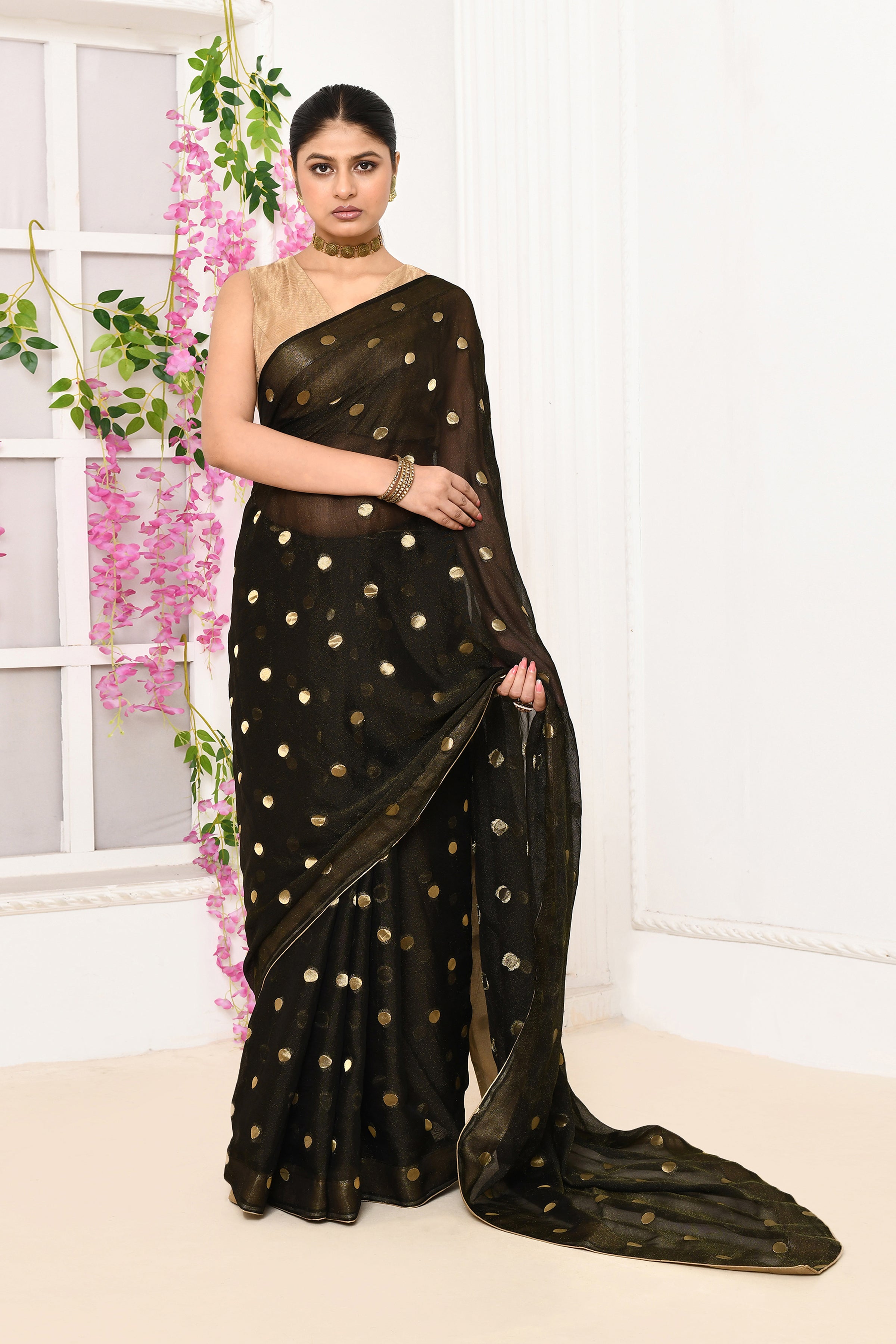 Chiffon shimmer saree with golden polka dots-Black