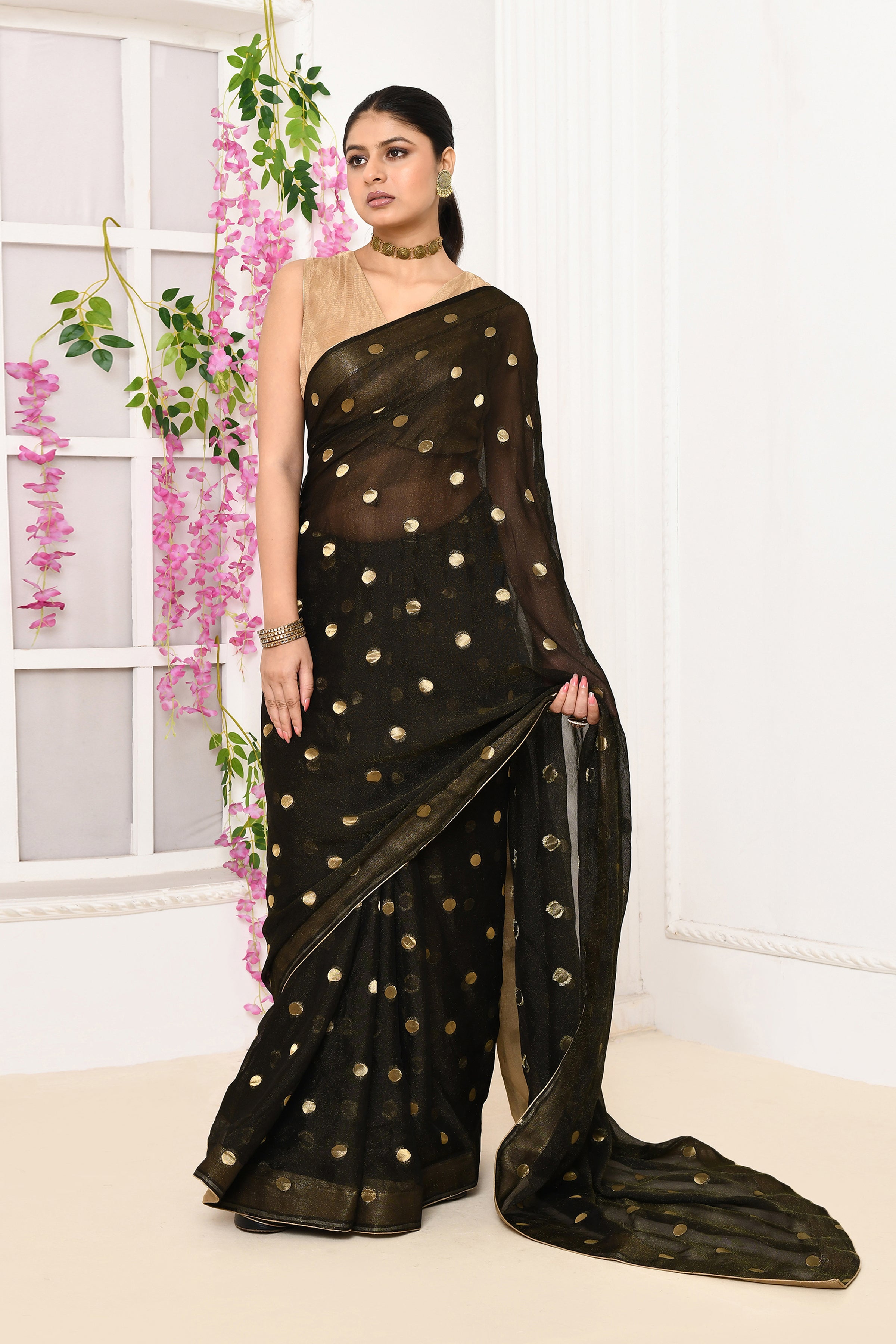 Chiffon shimmer saree with golden polka dots-Black