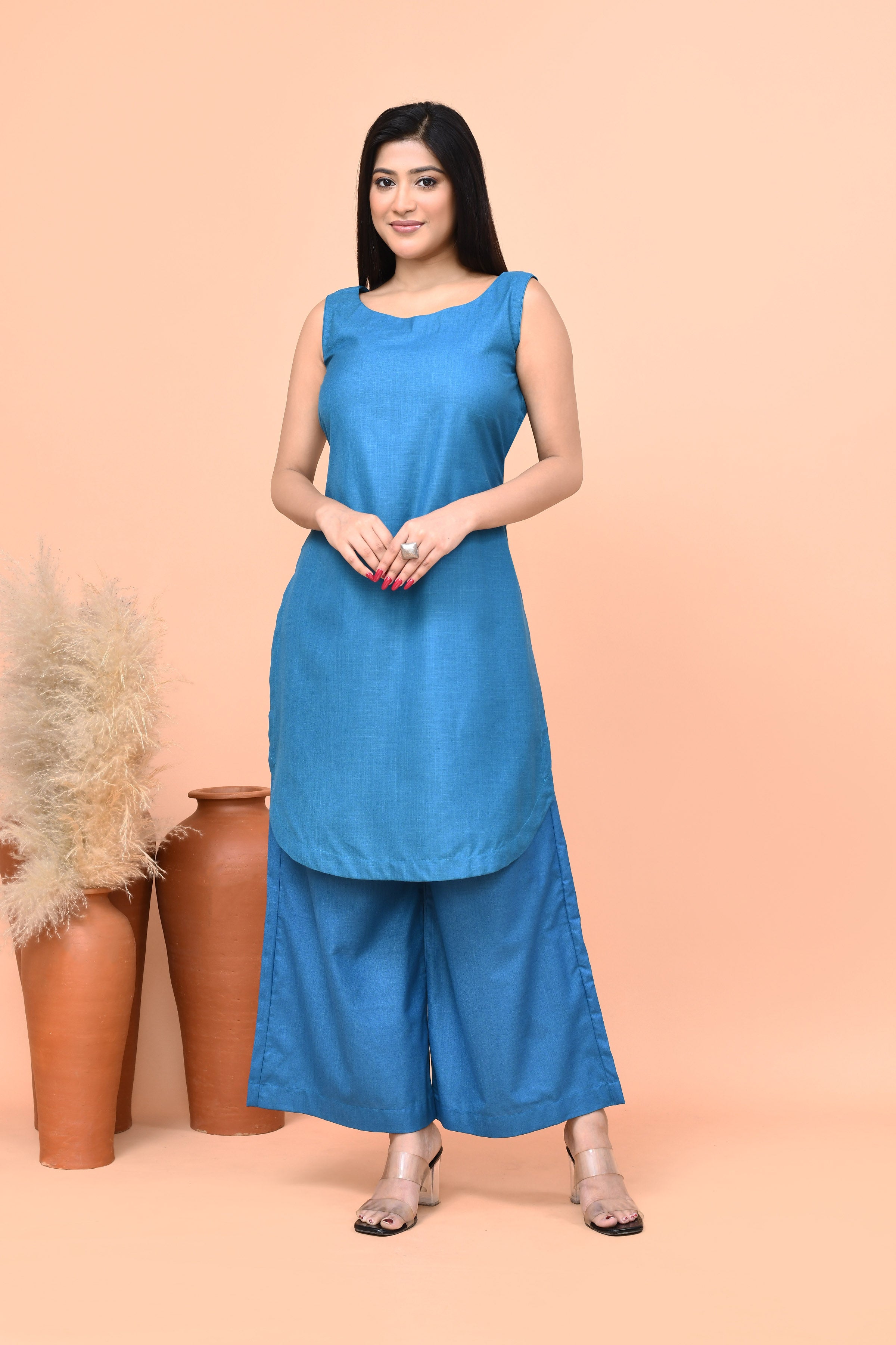 Cotton slub cobalt blue  co-ord set with sleeveless kurti