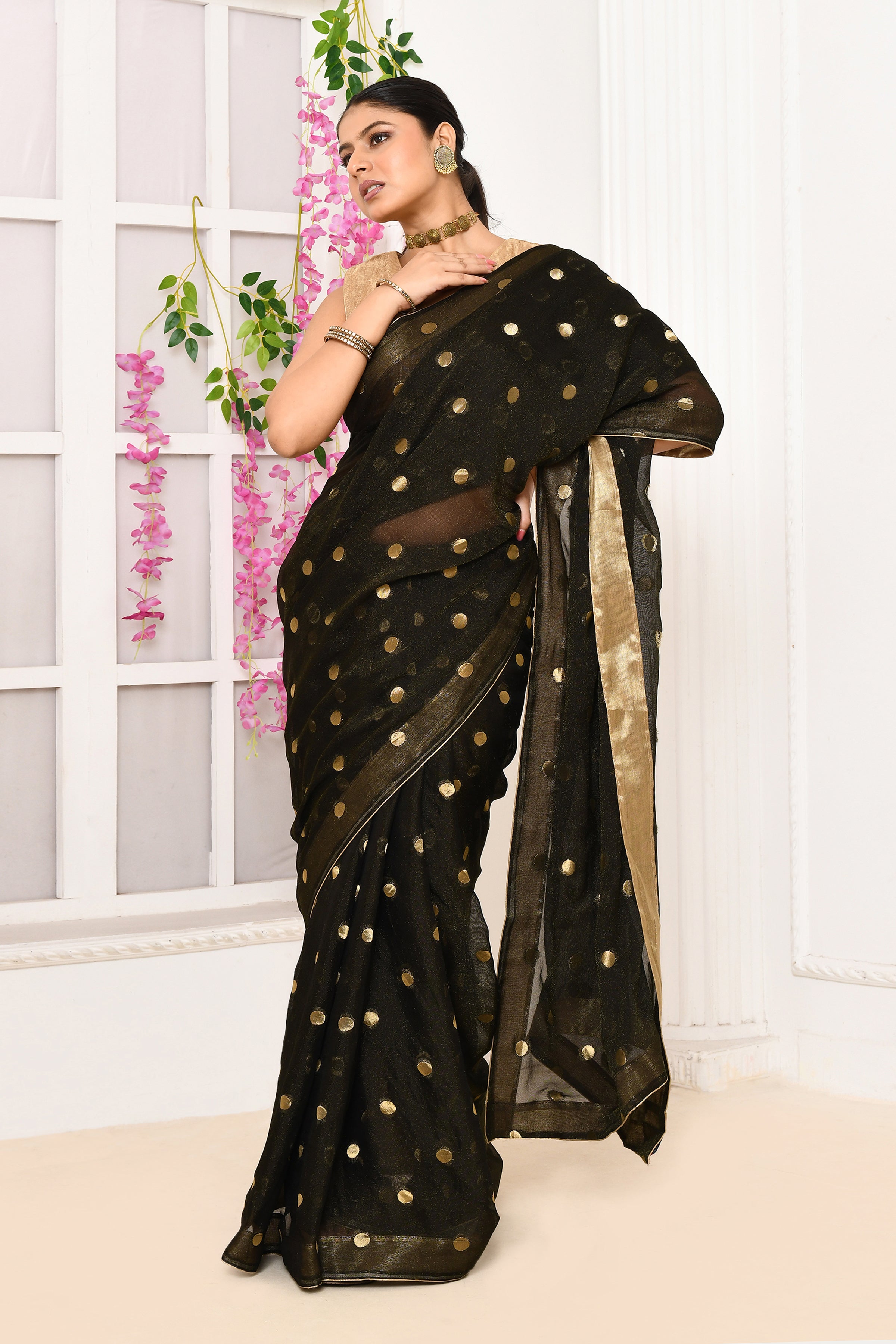 Chiffon shimmer saree with golden polka dots-Black