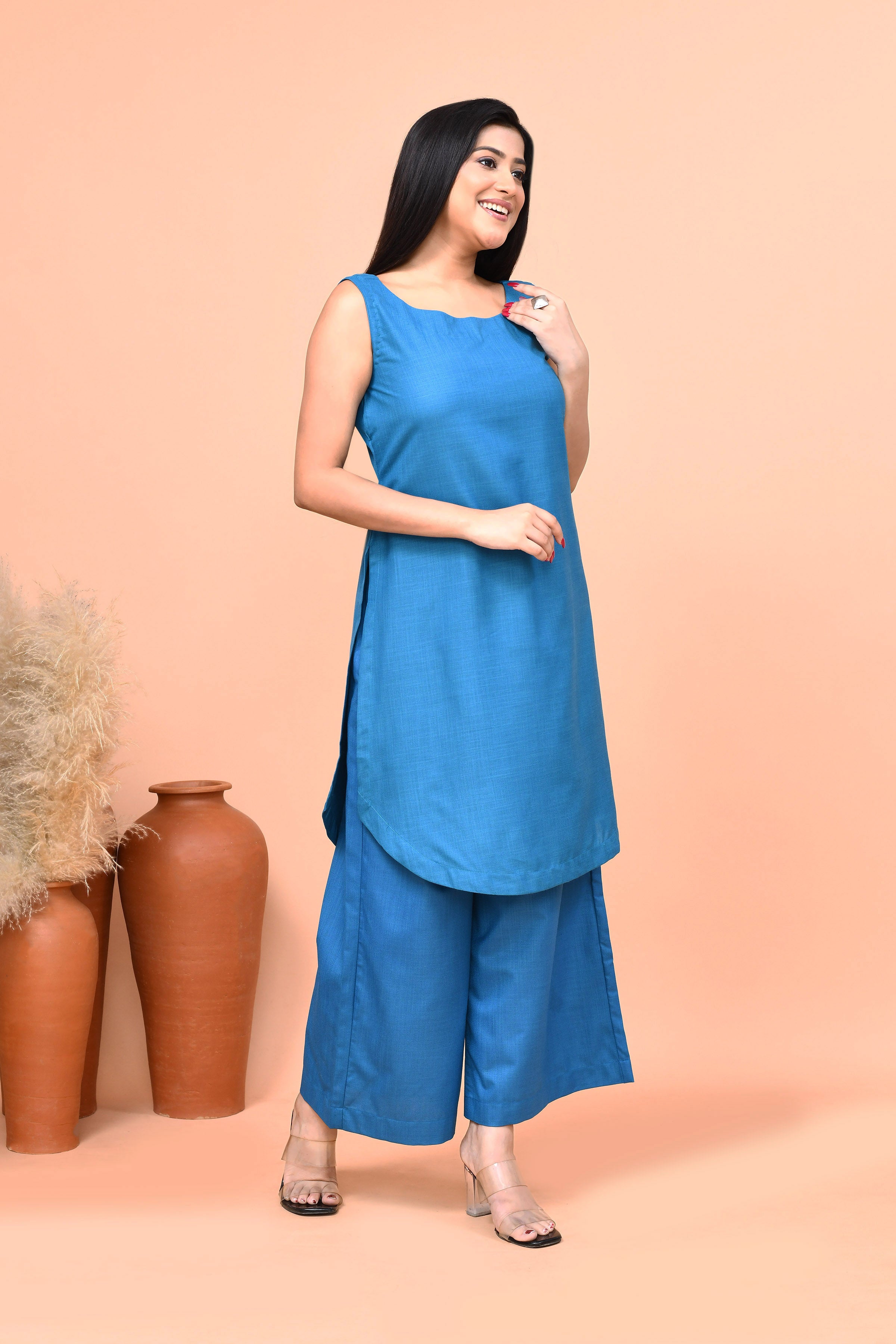 Cotton slub cobalt blue  co-ord set with sleeveless kurti