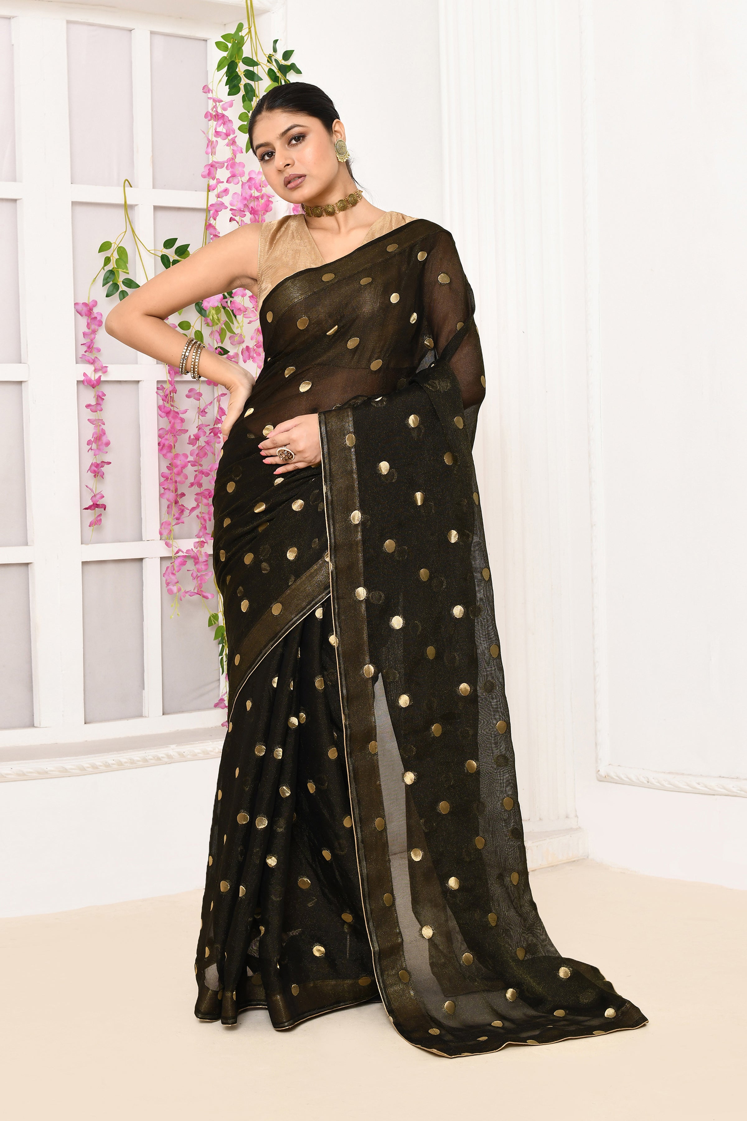 Chiffon shimmer saree with golden polka dots-Black