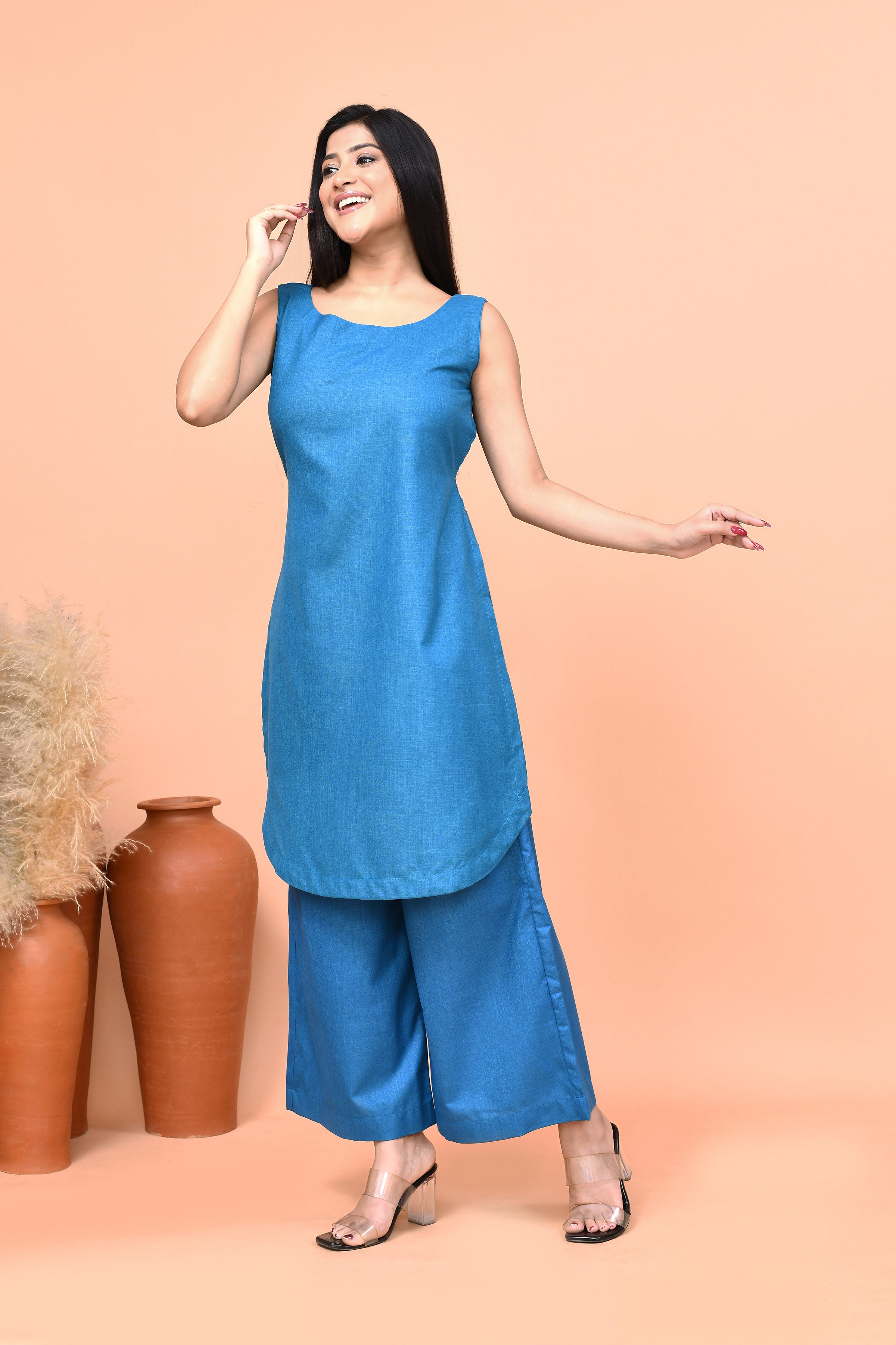 Cotton slub cobalt blue  co-ord set with sleeveless kurti