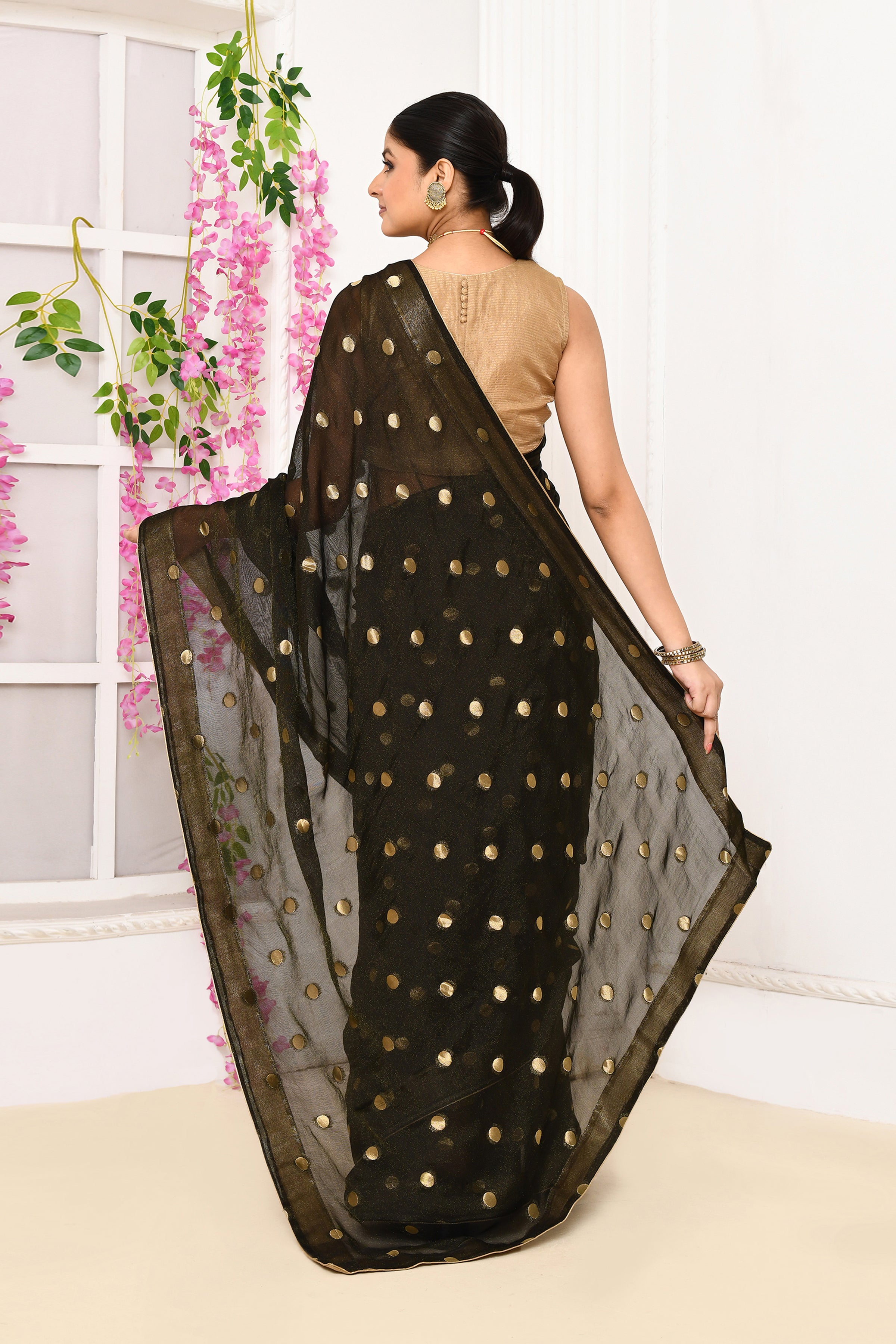 Chiffon shimmer saree with golden polka dots-Black