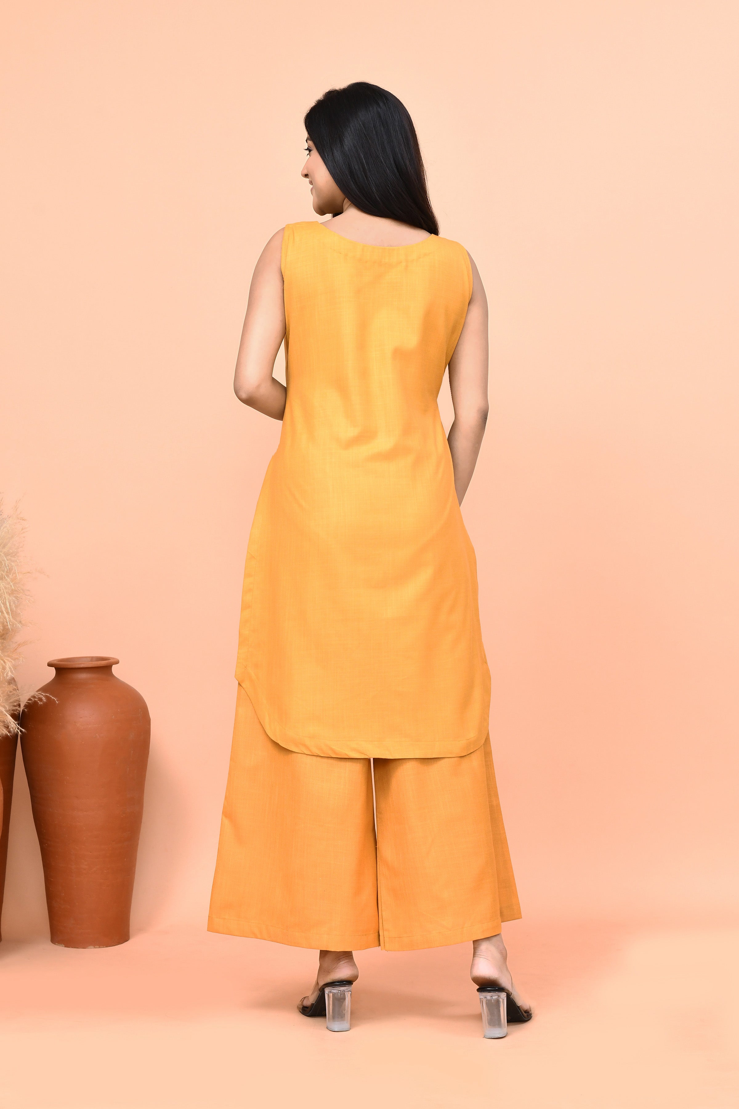 Cotton slub mustard yellow co-ord set with sleeveless kurti
