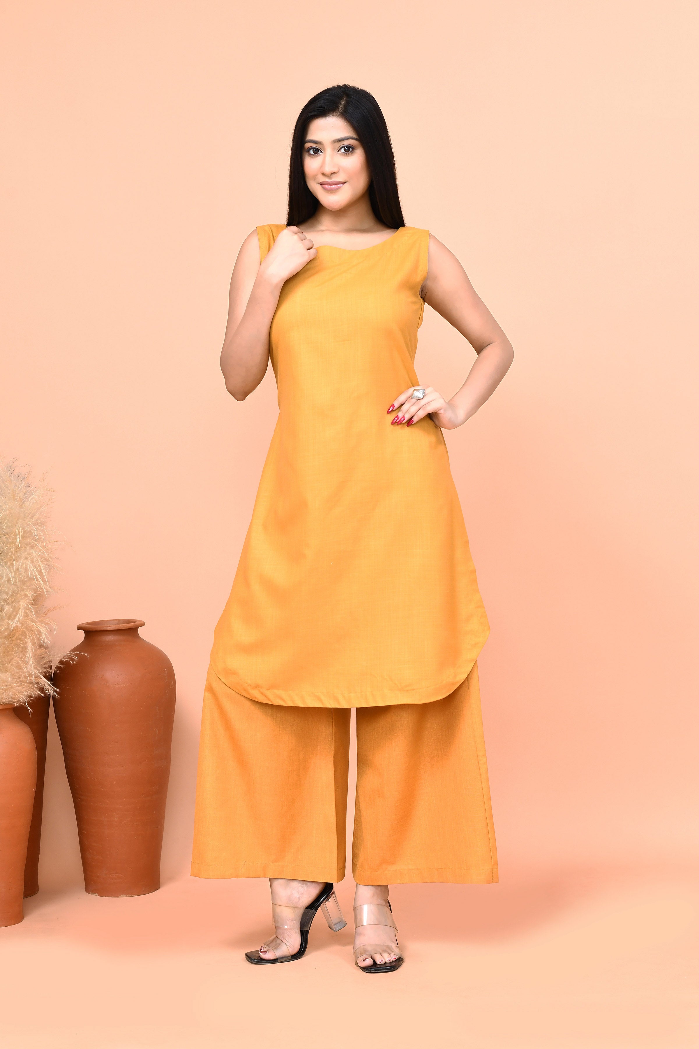 Cotton slub mustard yellow co-ord set with sleeveless kurti