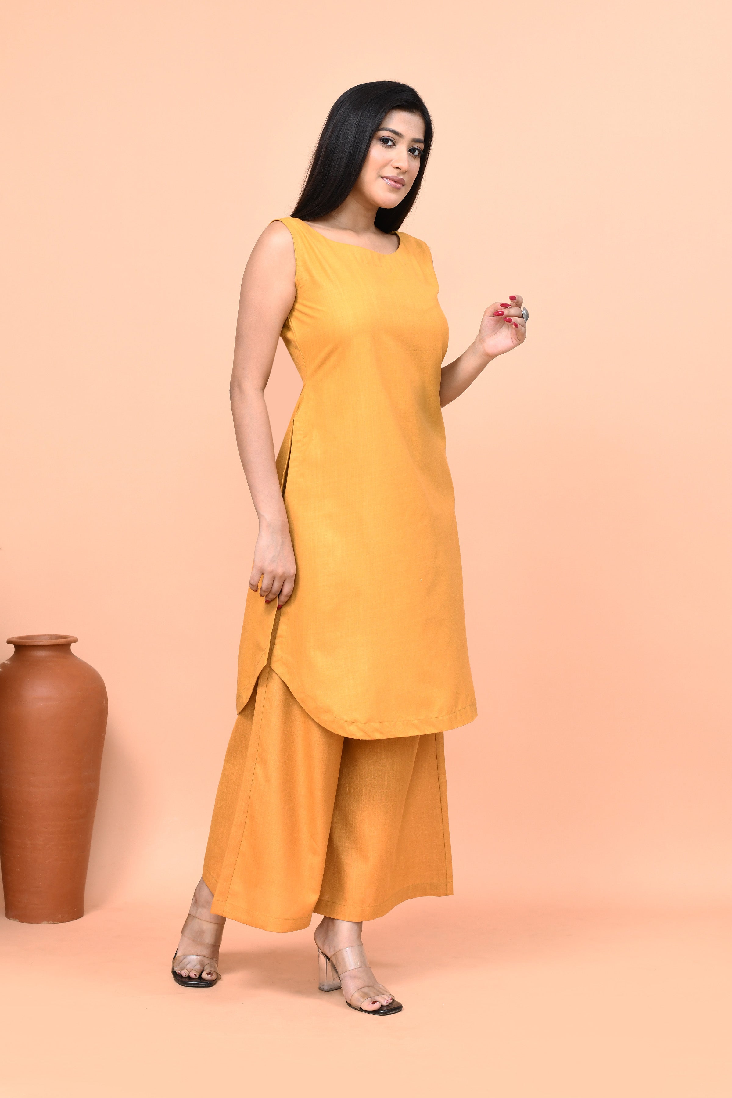 Cotton slub mustard yellow co-ord set with sleeveless kurti