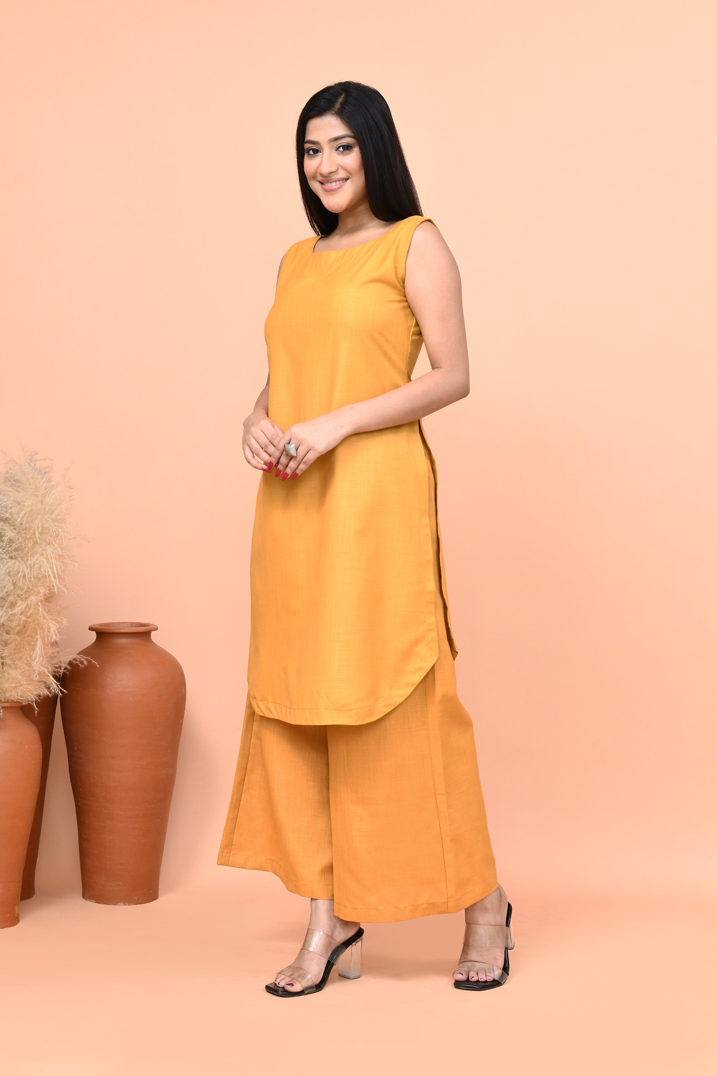 Cotton slub mustard yellow co-ord set with sleeveless kurti
