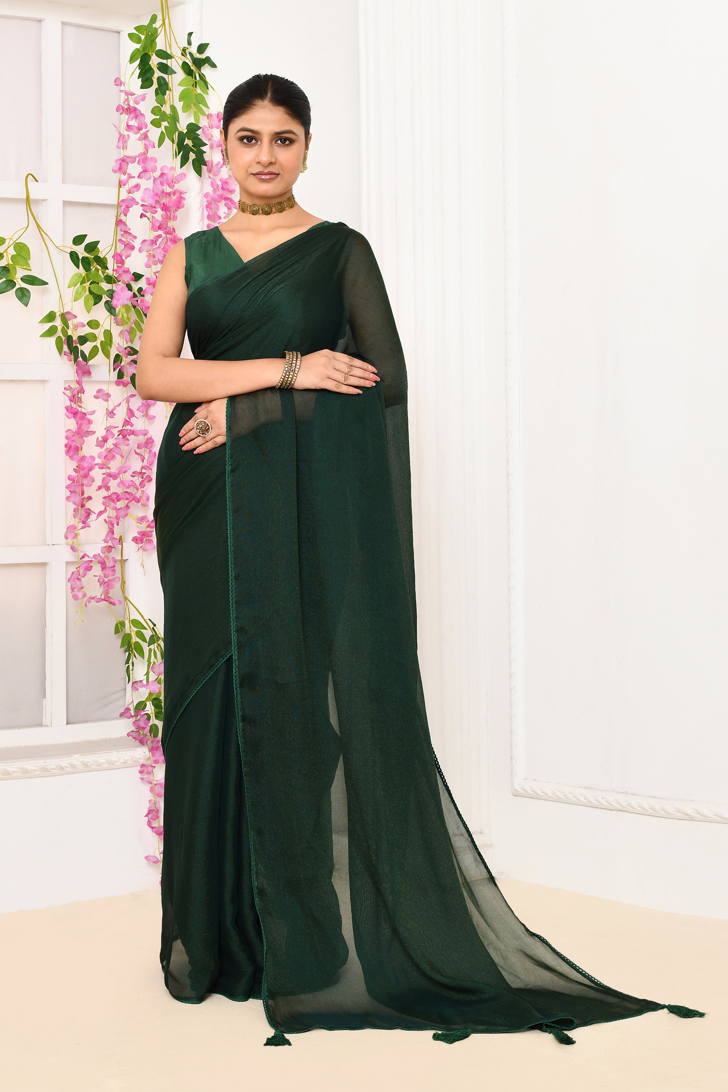 Plain chiffon tissue saree-Bottle green