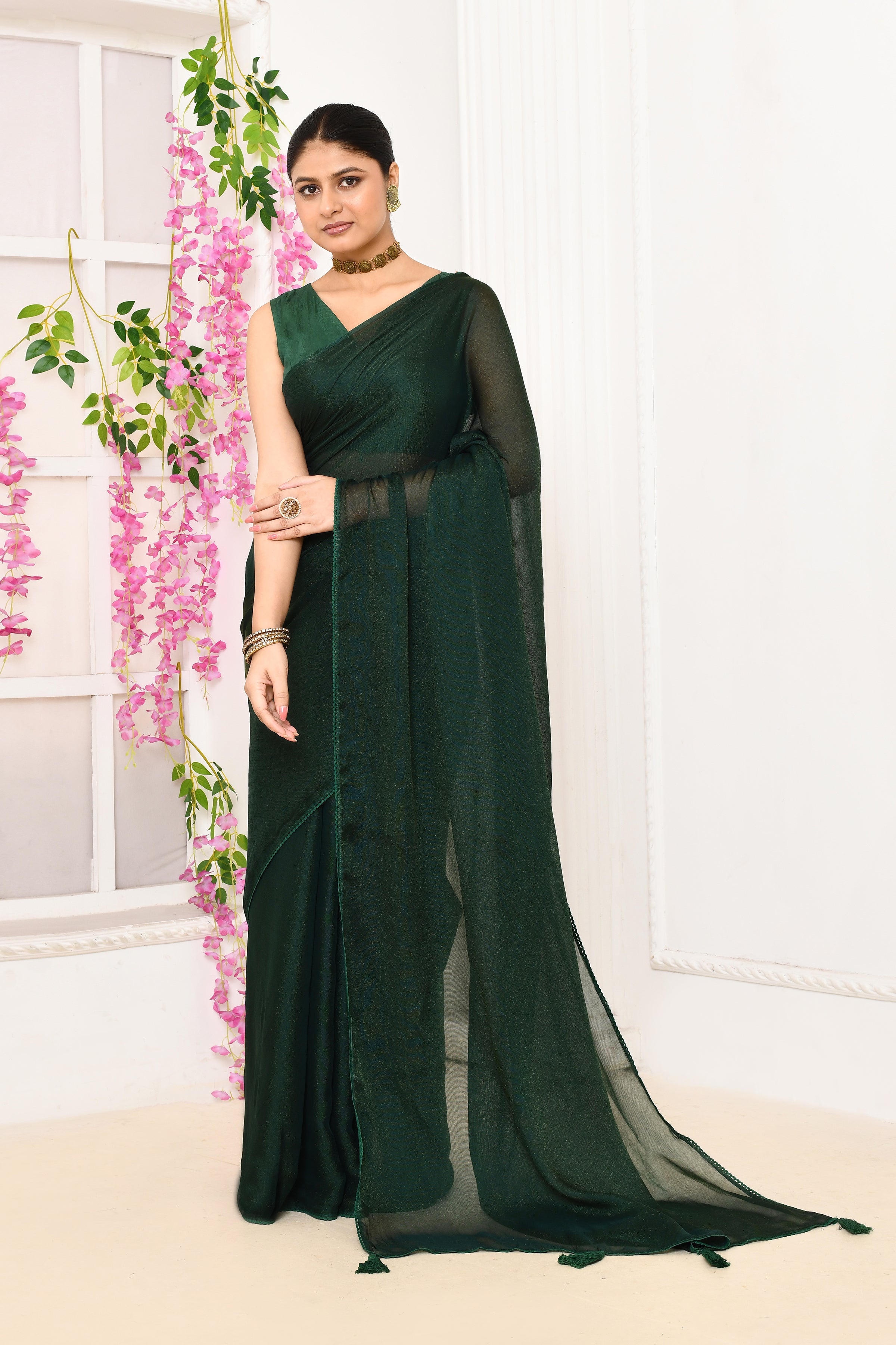 Plain chiffon tissue saree-Bottle green