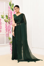 Plain chiffon tissue saree-Bottle green