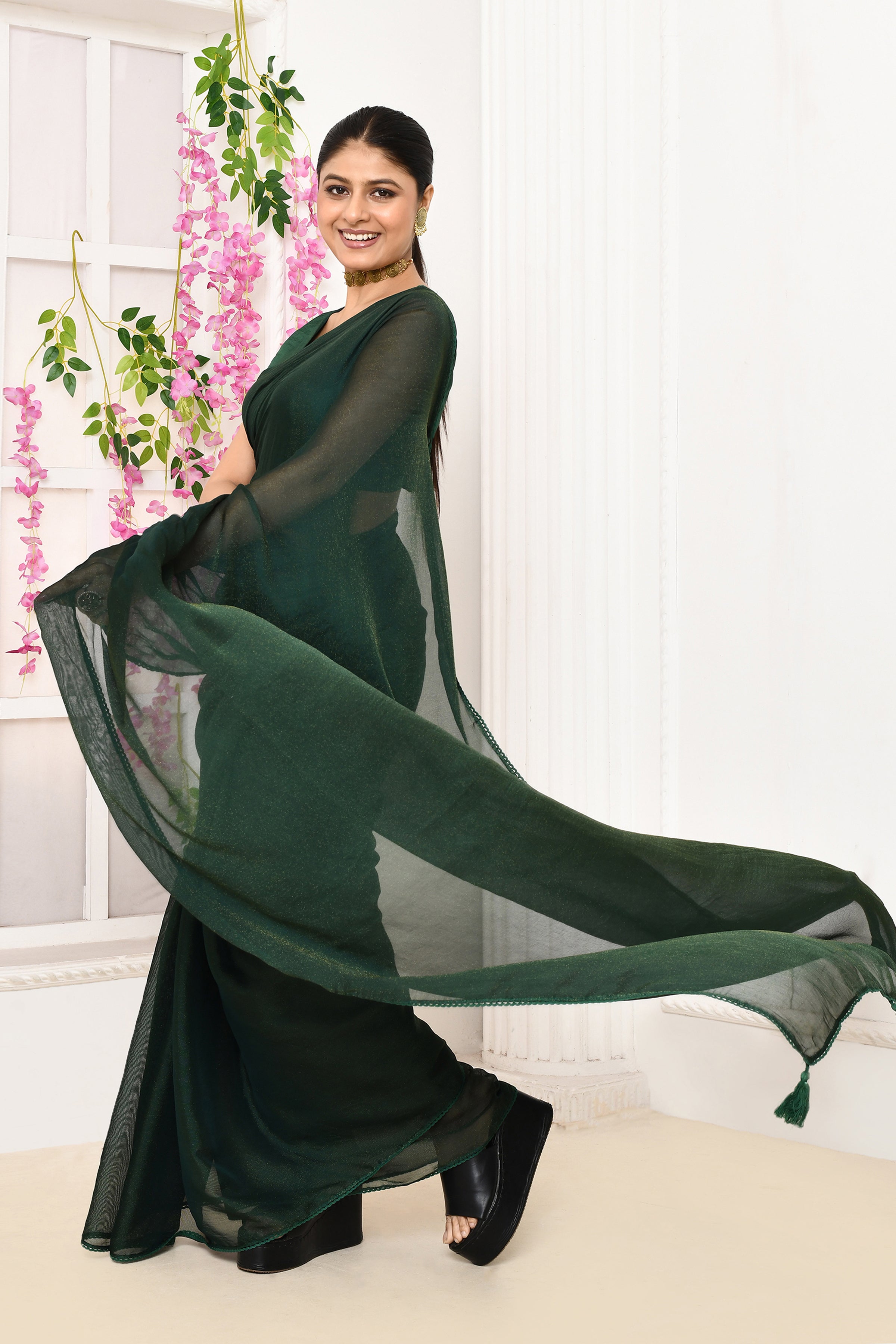 Plain chiffon tissue saree-Bottle green