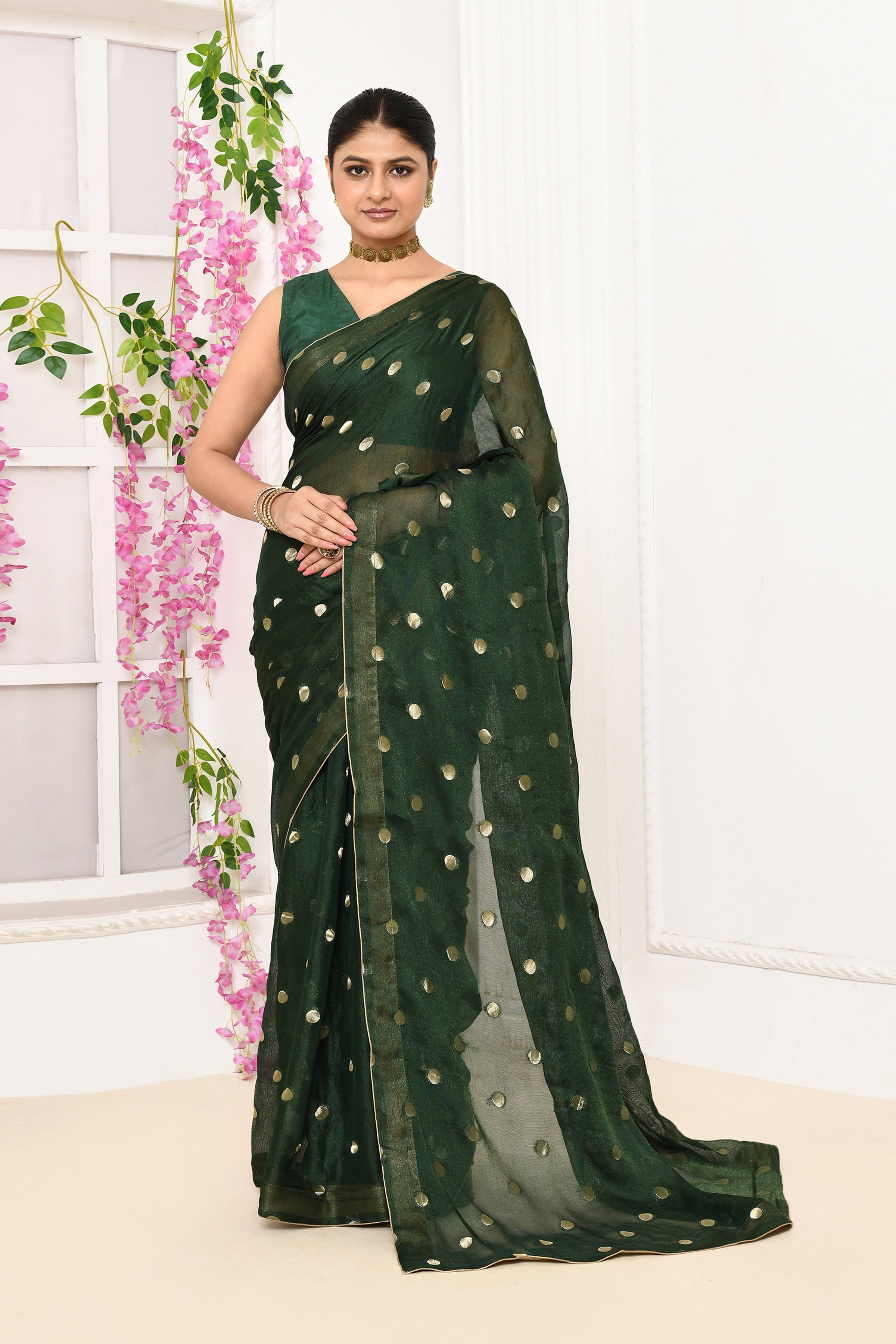 Chiffon shimmer saree with golden polka dots-Dark green