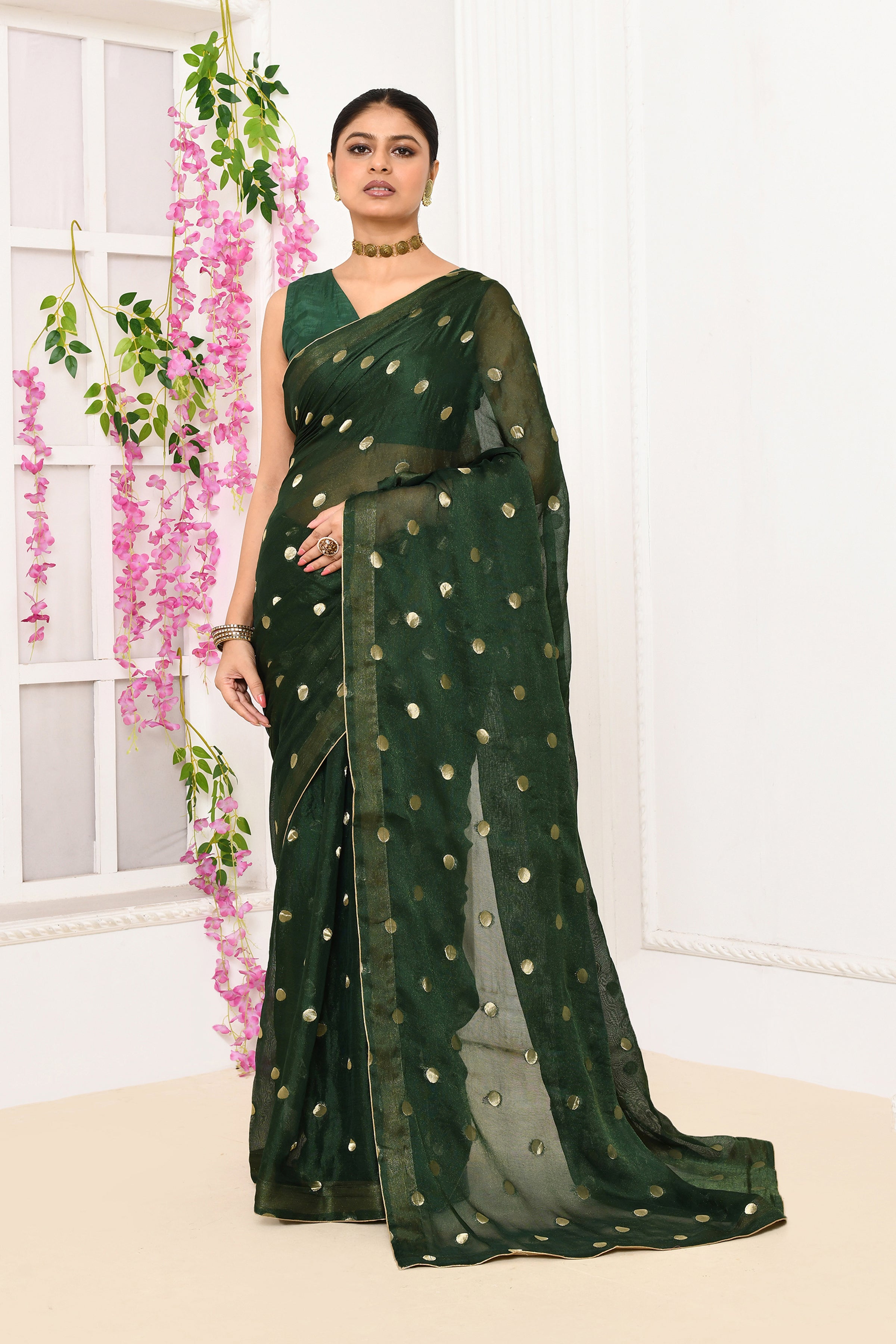 Chiffon shimmer saree with golden polka dots-Dark green
