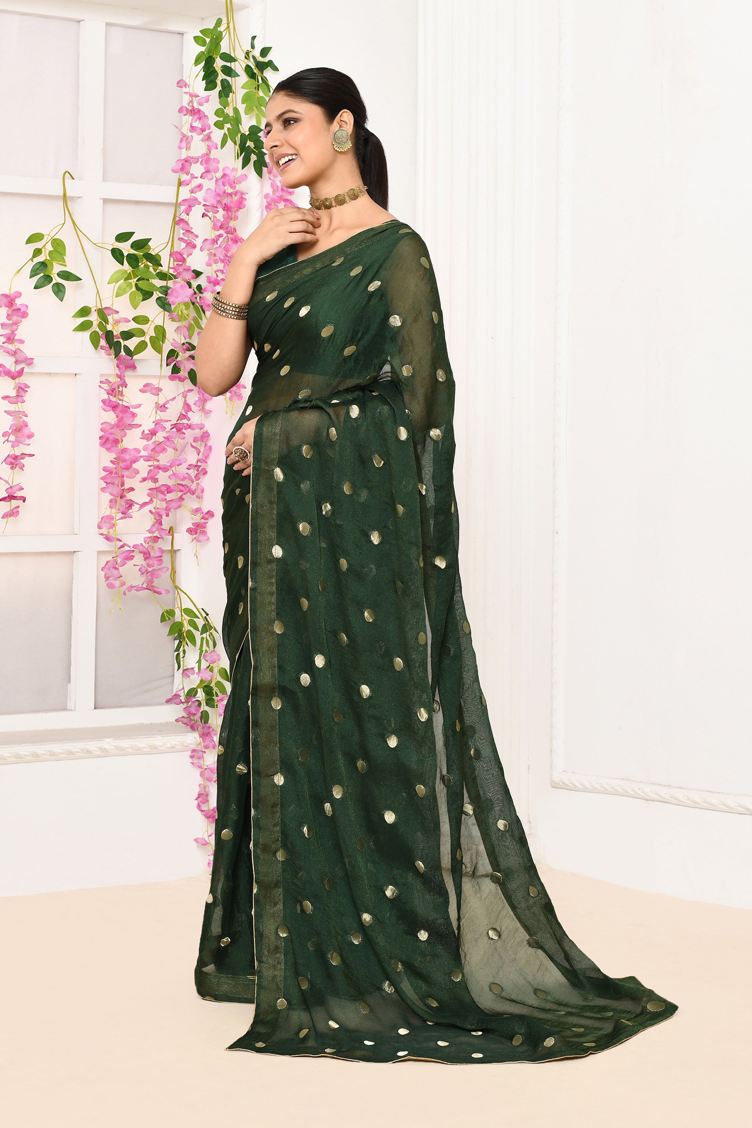 Chiffon shimmer saree with golden polka dots-Dark green