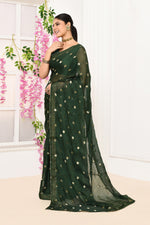 Chiffon shimmer saree with golden polka dots-Dark green