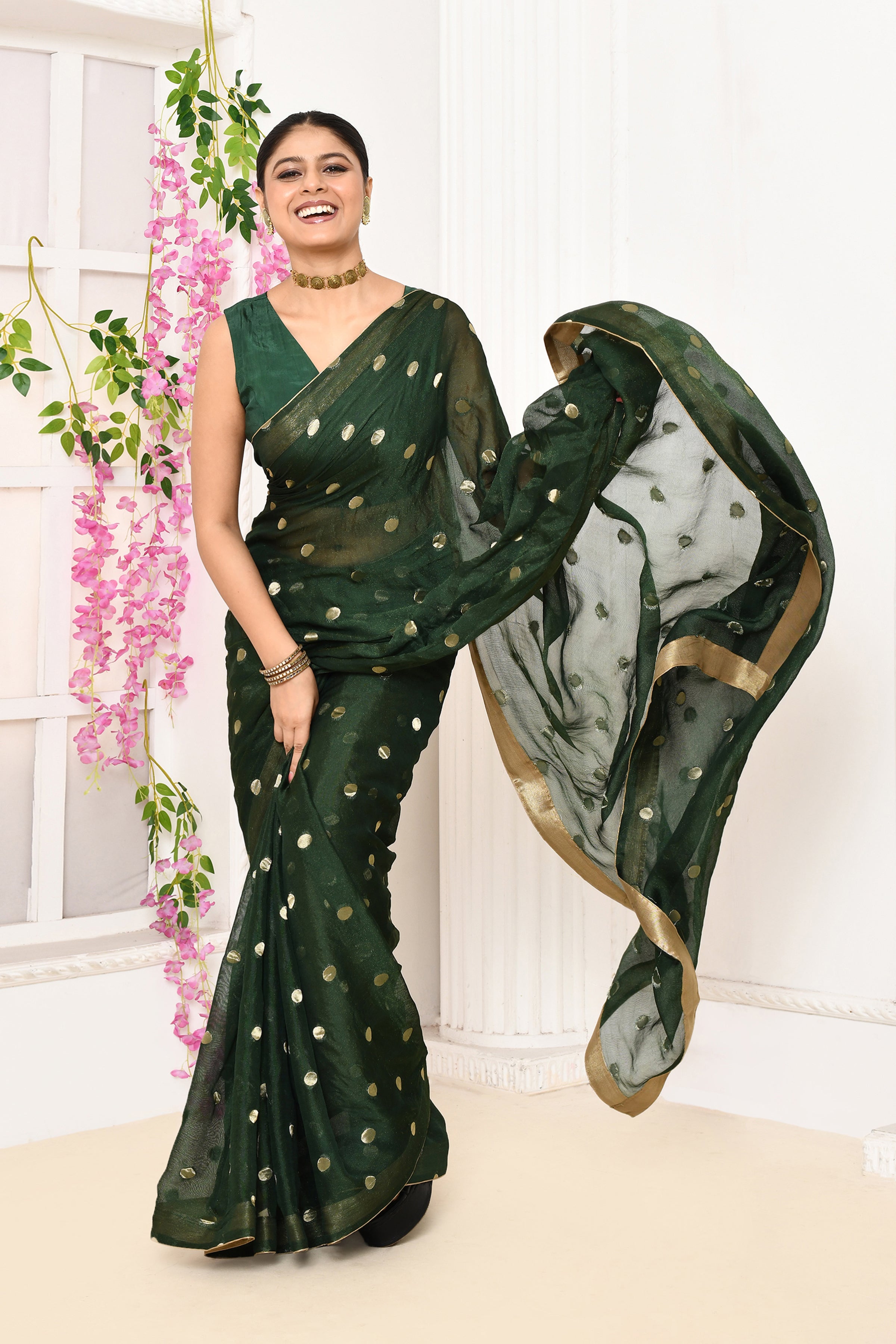 Chiffon shimmer saree with golden polka dots-Dark green