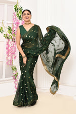 Chiffon shimmer saree with golden polka dots-Dark green