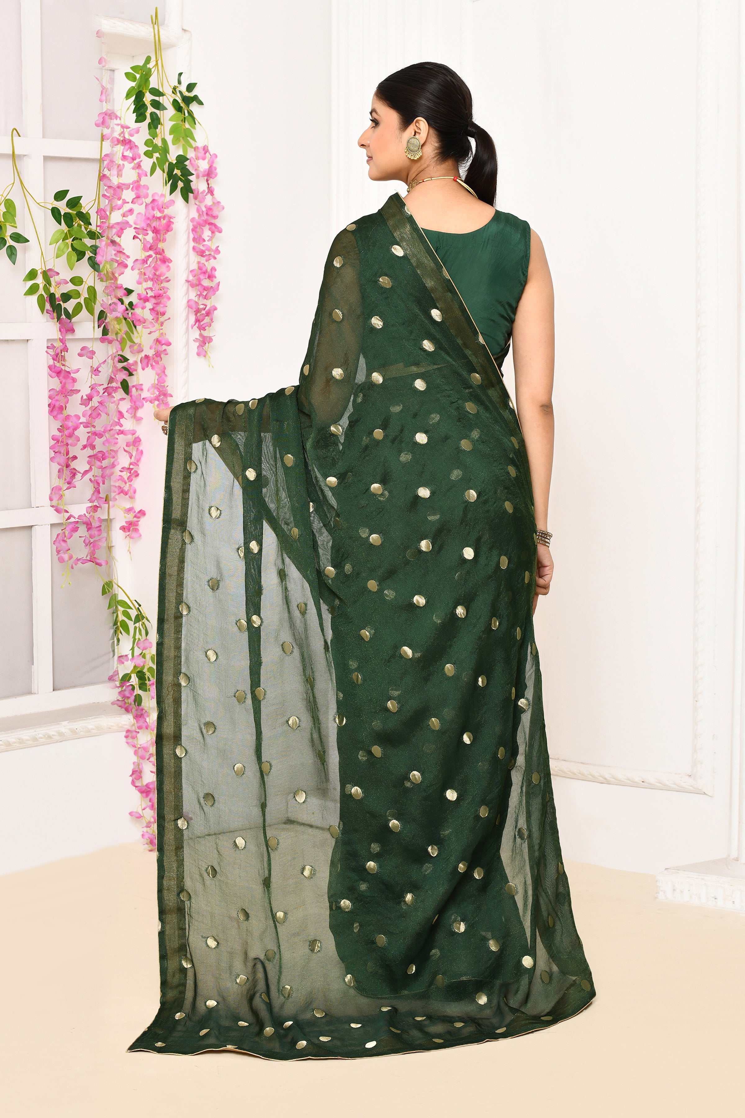 Chiffon shimmer saree with golden polka dots-Dark green