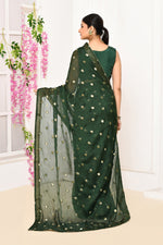 Chiffon shimmer saree with golden polka dots-Dark green