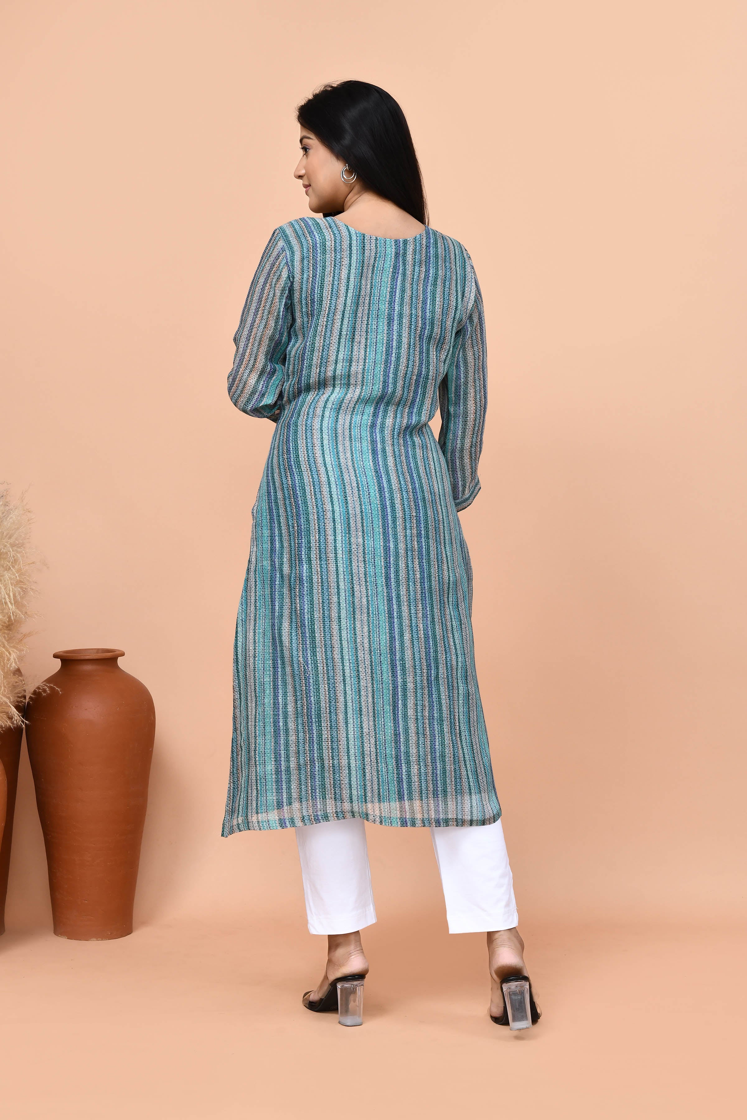 Pure linen stripes pattern long kurti- Turquoise blue