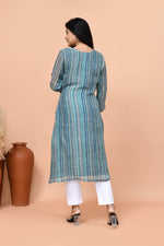 Pure linen stripes pattern long kurti- Turquoise blue