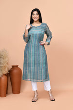 Pure linen stripes pattern long kurti- Turquoise blue