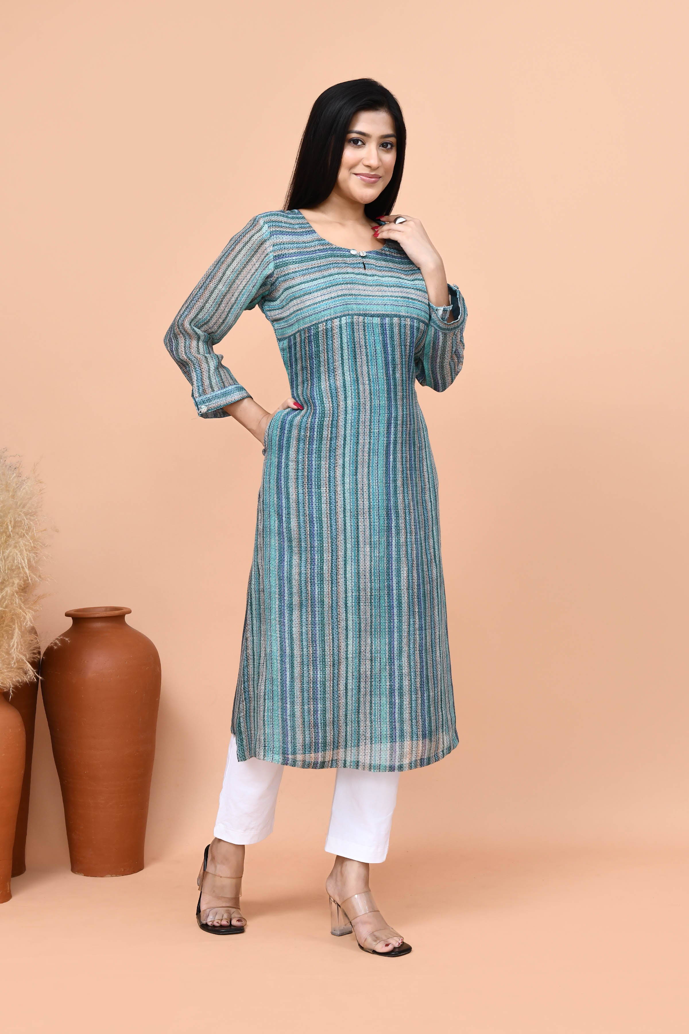 Pure linen stripes pattern long kurti- Turquoise blue