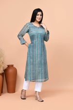 Pure linen stripes pattern long kurti- Turquoise blue