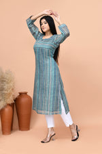 Pure linen stripes pattern long kurti- Turquoise blue
