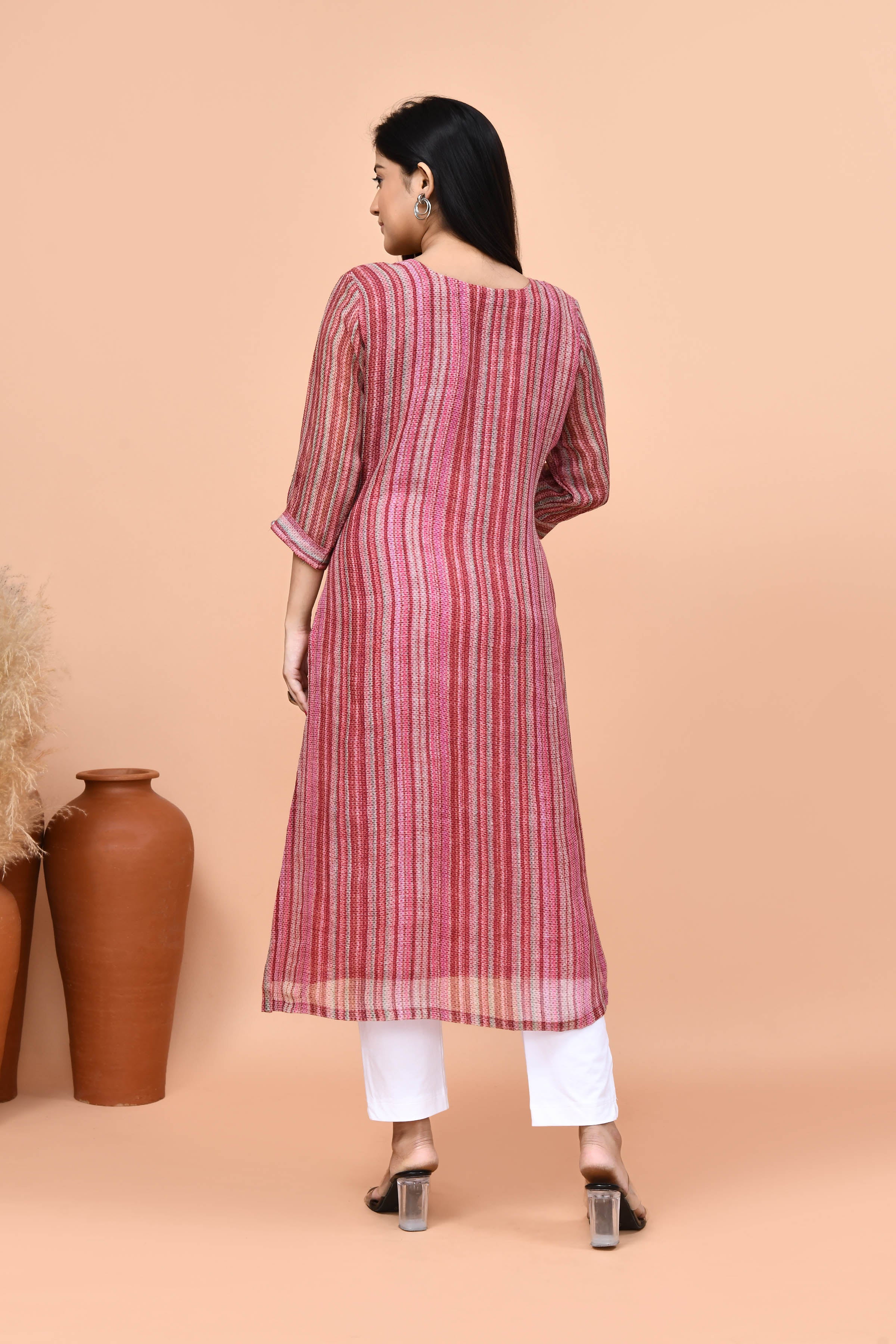 Pure linen stripes pattern long kurti-Maroon