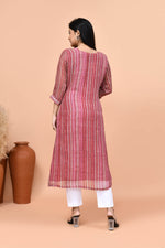 Pure linen stripes pattern long kurti-Maroon