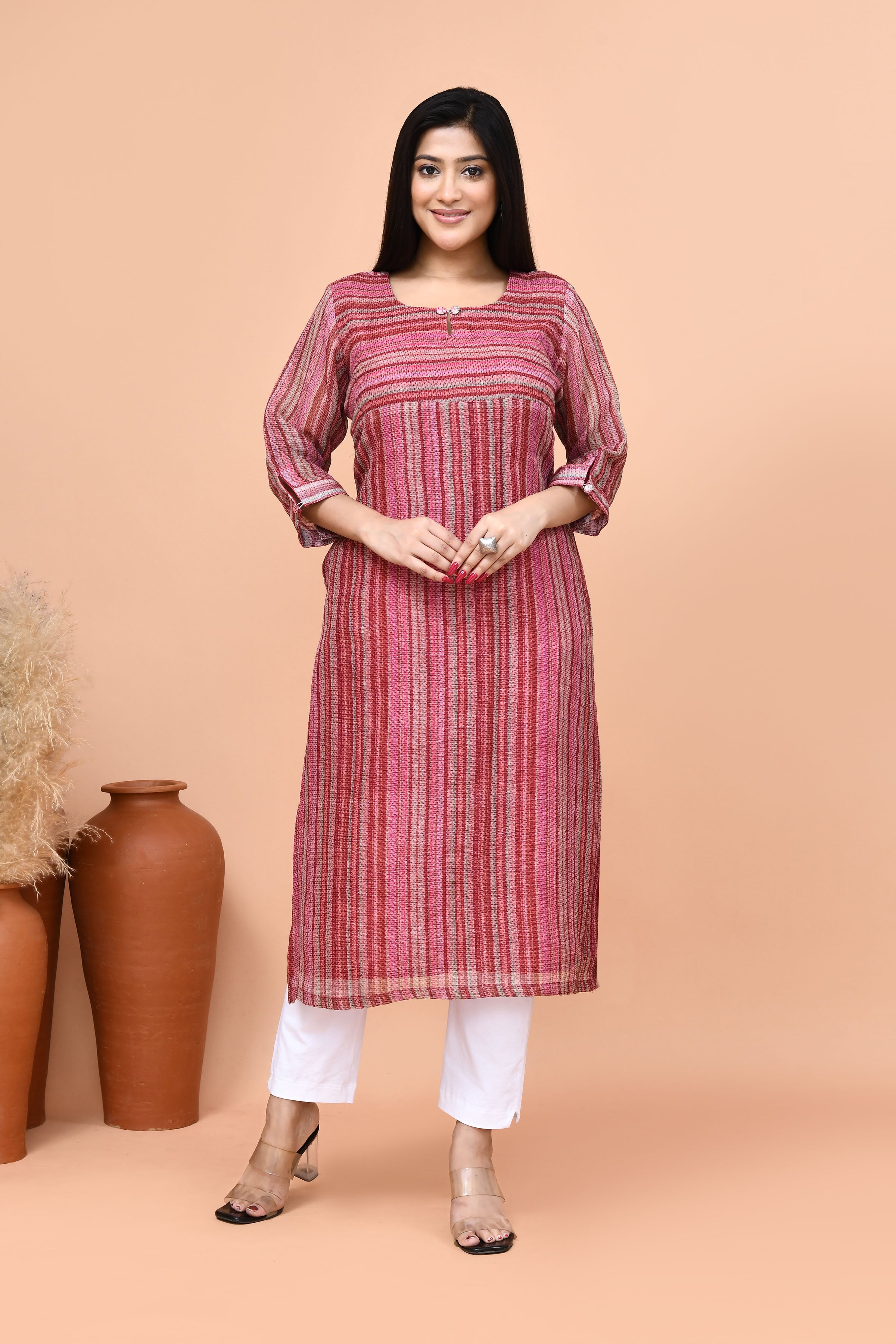 Pure linen stripes pattern long kurti-Maroon