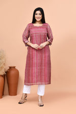 Pure linen stripes pattern long kurti-Maroon