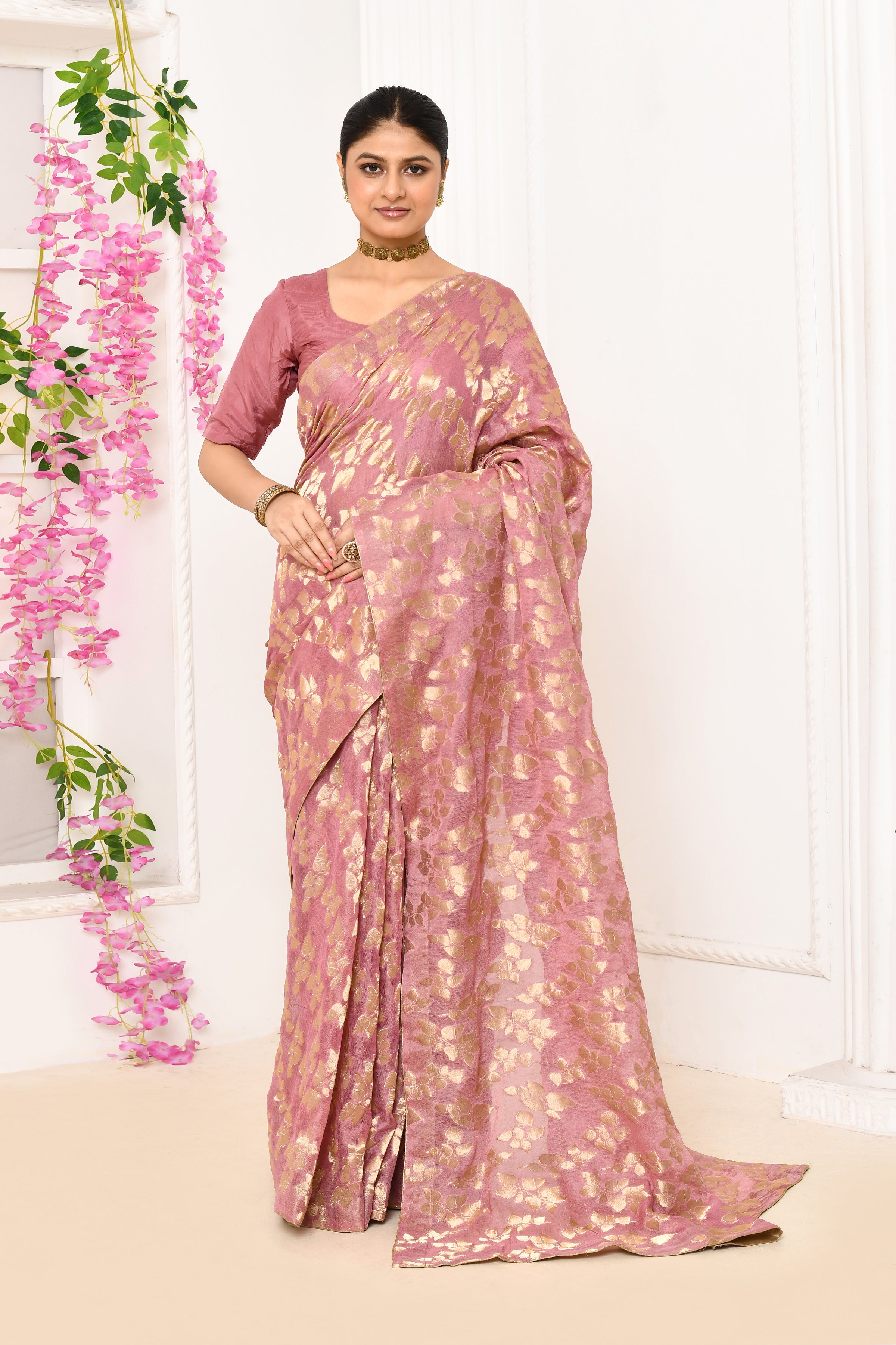Jute Upada golden leaf pattern saree-Onion pink