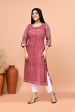 Pure linen stripes pattern long kurti-Maroon