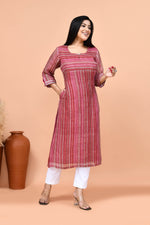 Pure linen stripes pattern long kurti-Maroon