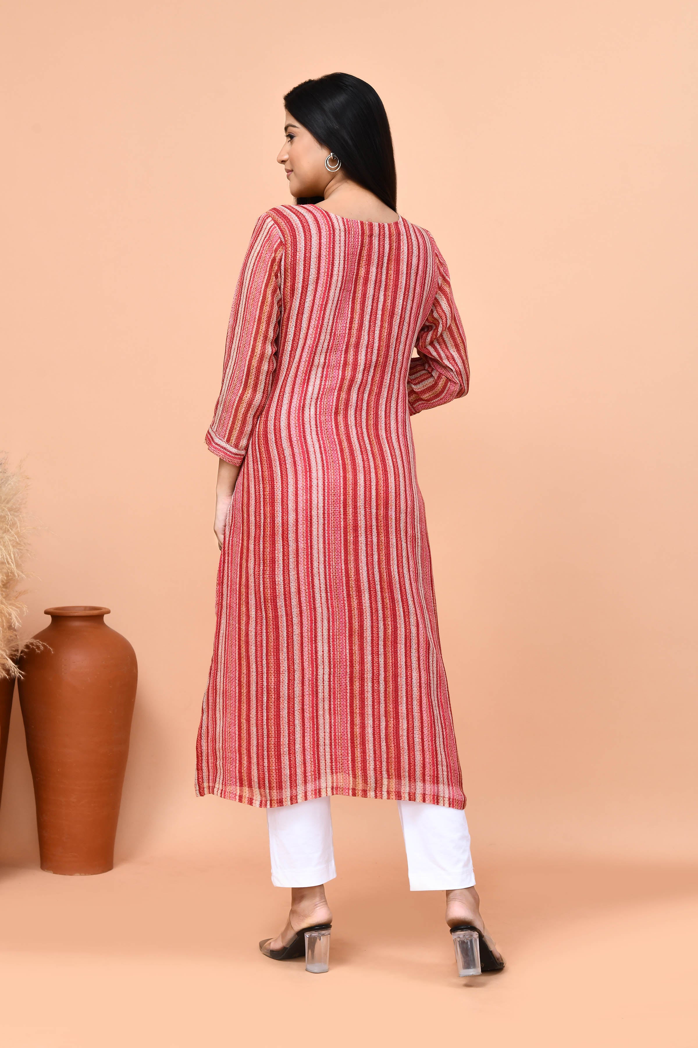 Pure linen stripes pattern long kurti-Pink